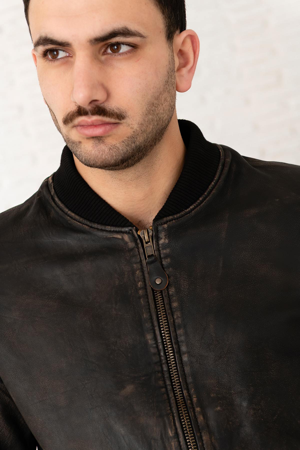 Men's Distressed Leather Bomber Jacket - Image n°9