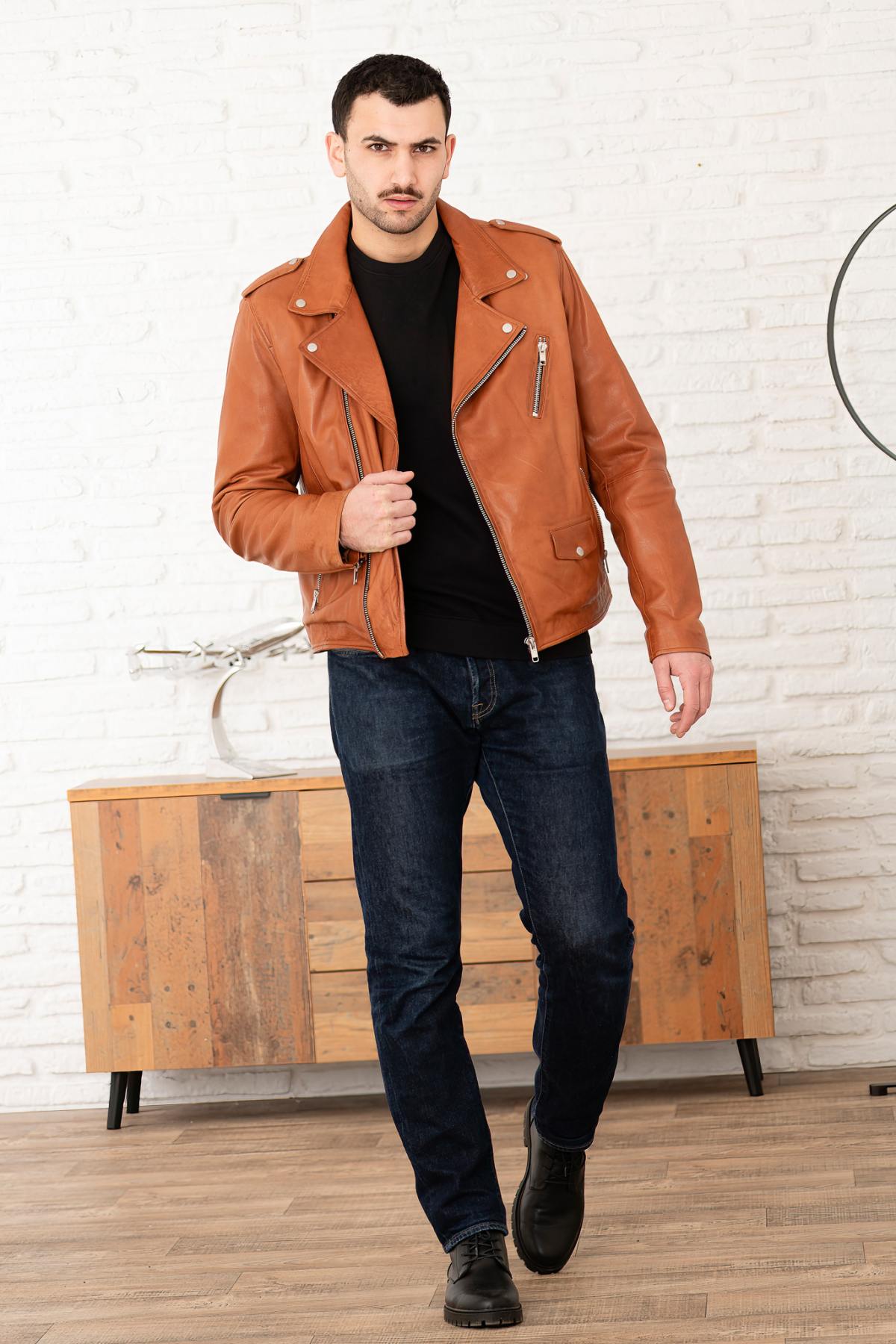 Reddish brown leather biker jacket - Image n°1