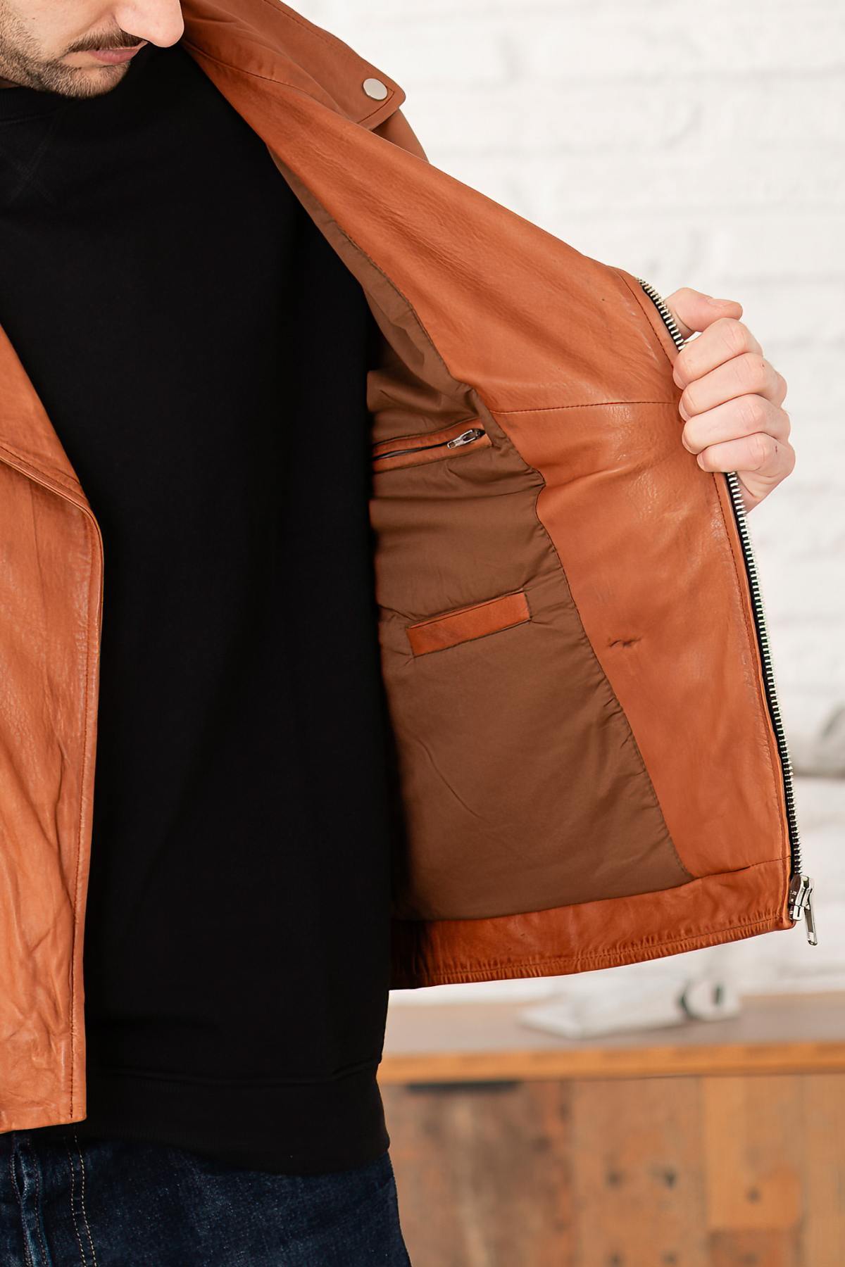 Reddish brown leather biker jacket - Image n°6