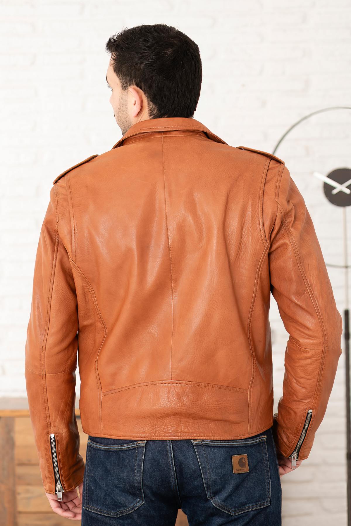 Reddish brown leather biker jacket - Image n°3