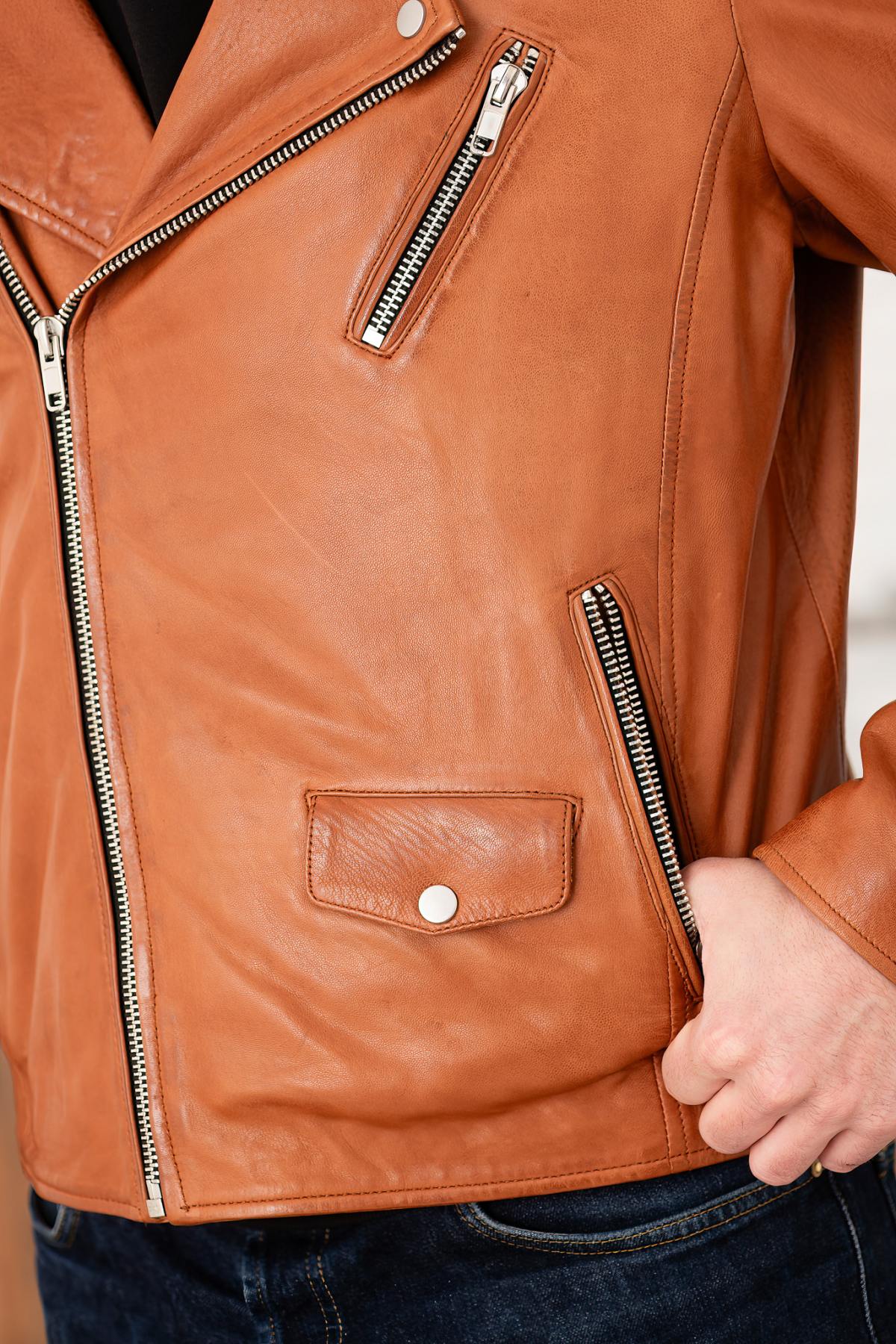 Reddish brown leather biker jacket - Image n°2