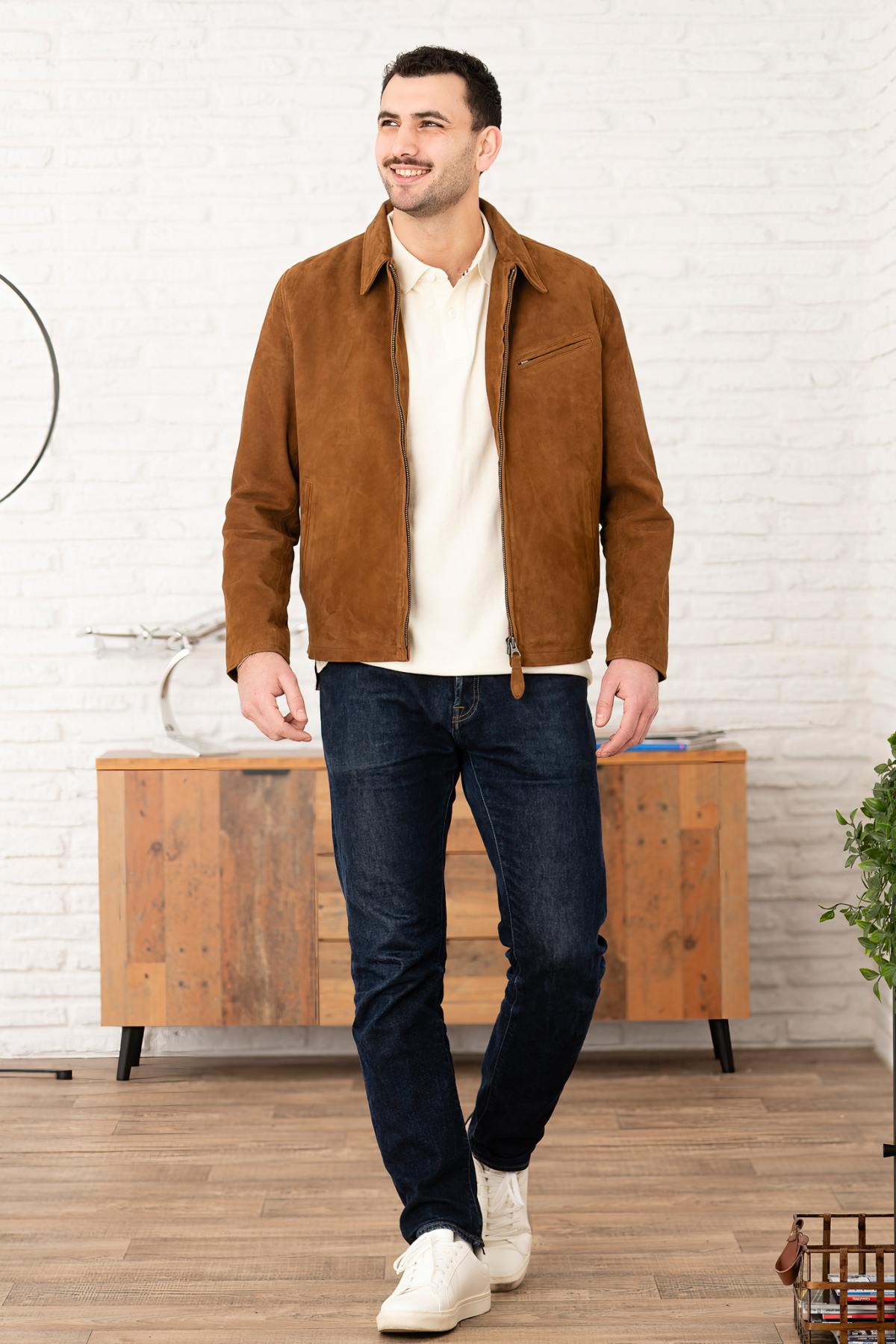 Rust-colored suede leather jacket with shirt collar - Image n°3