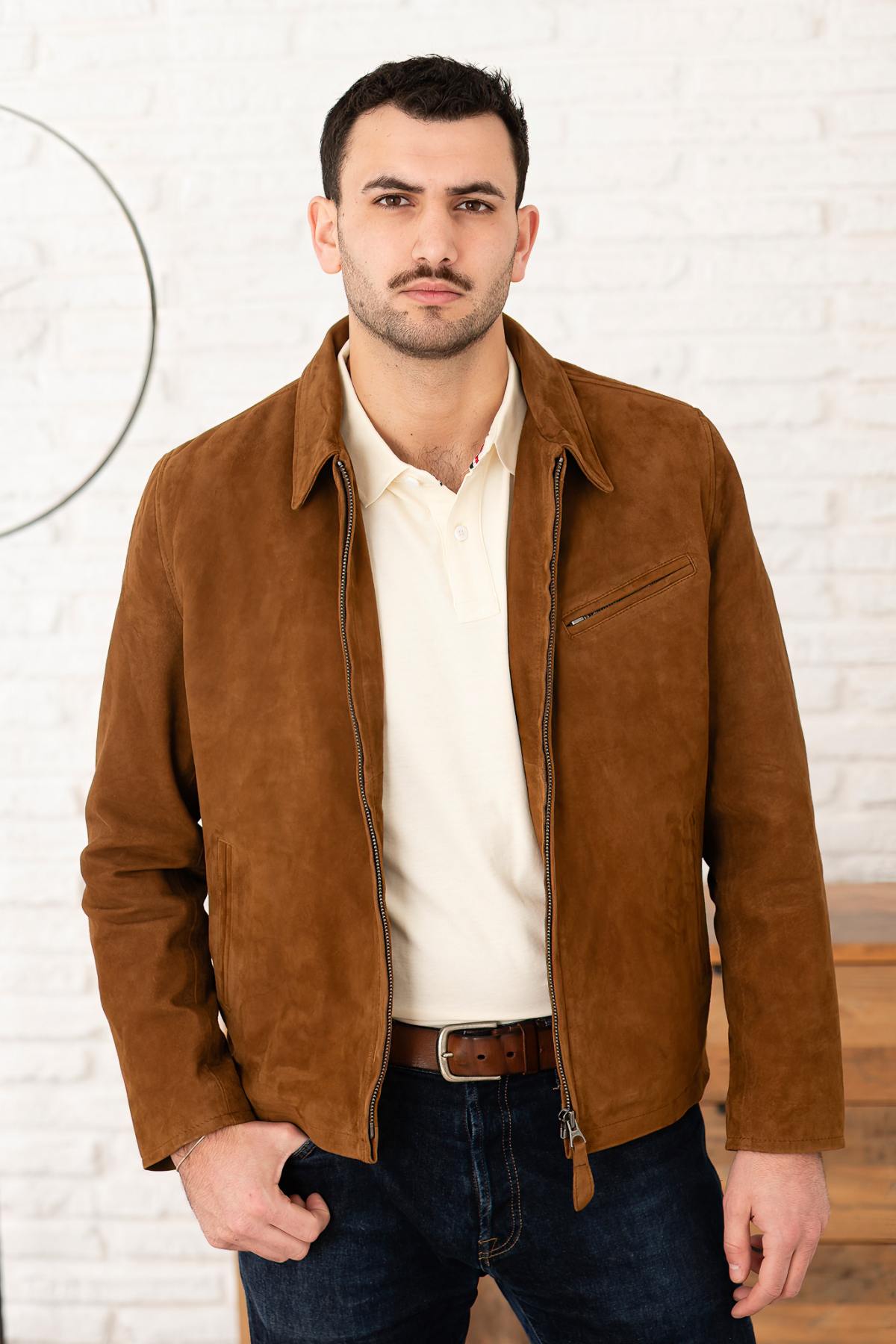 Rust-colored suede leather jacket with shirt collar - Image n°1