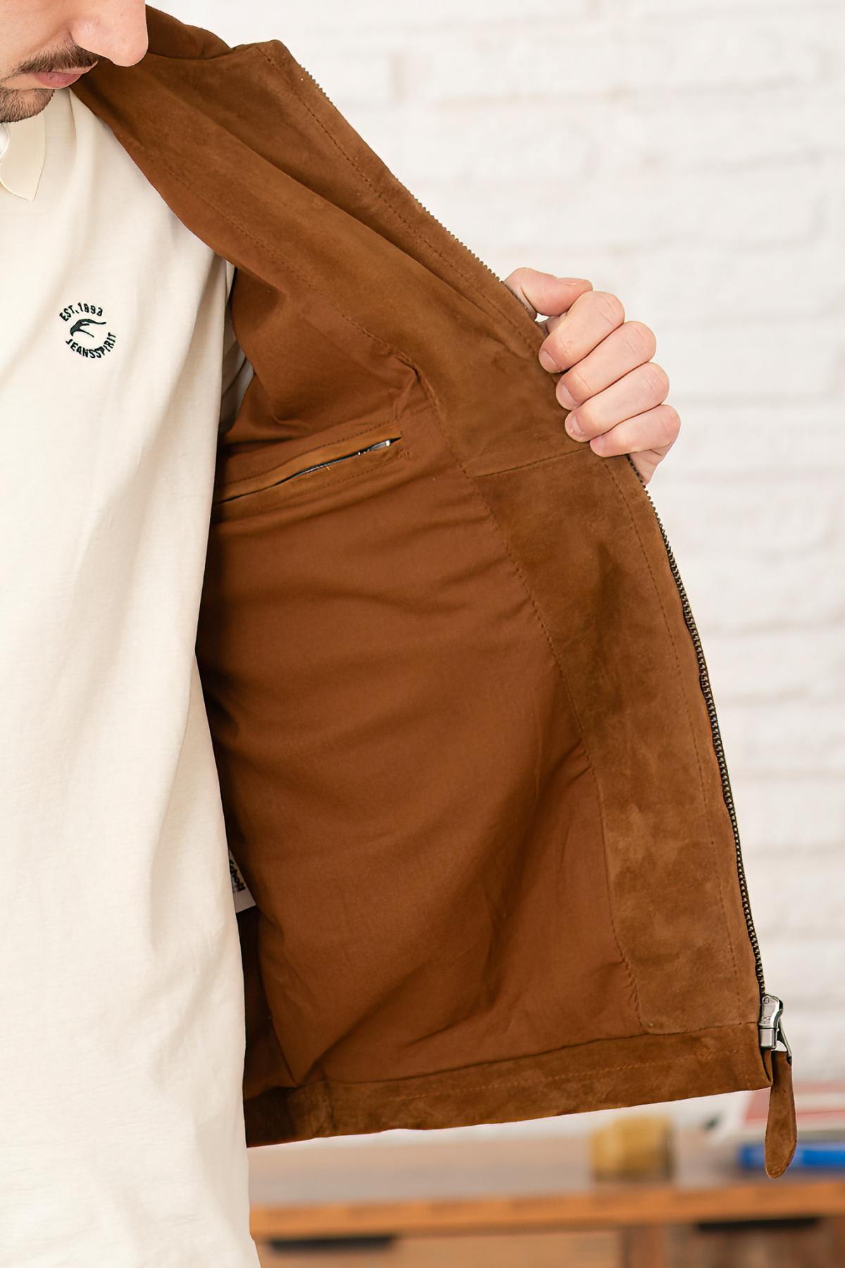 Rust-colored suede leather jacket with shirt collar - Image n°8