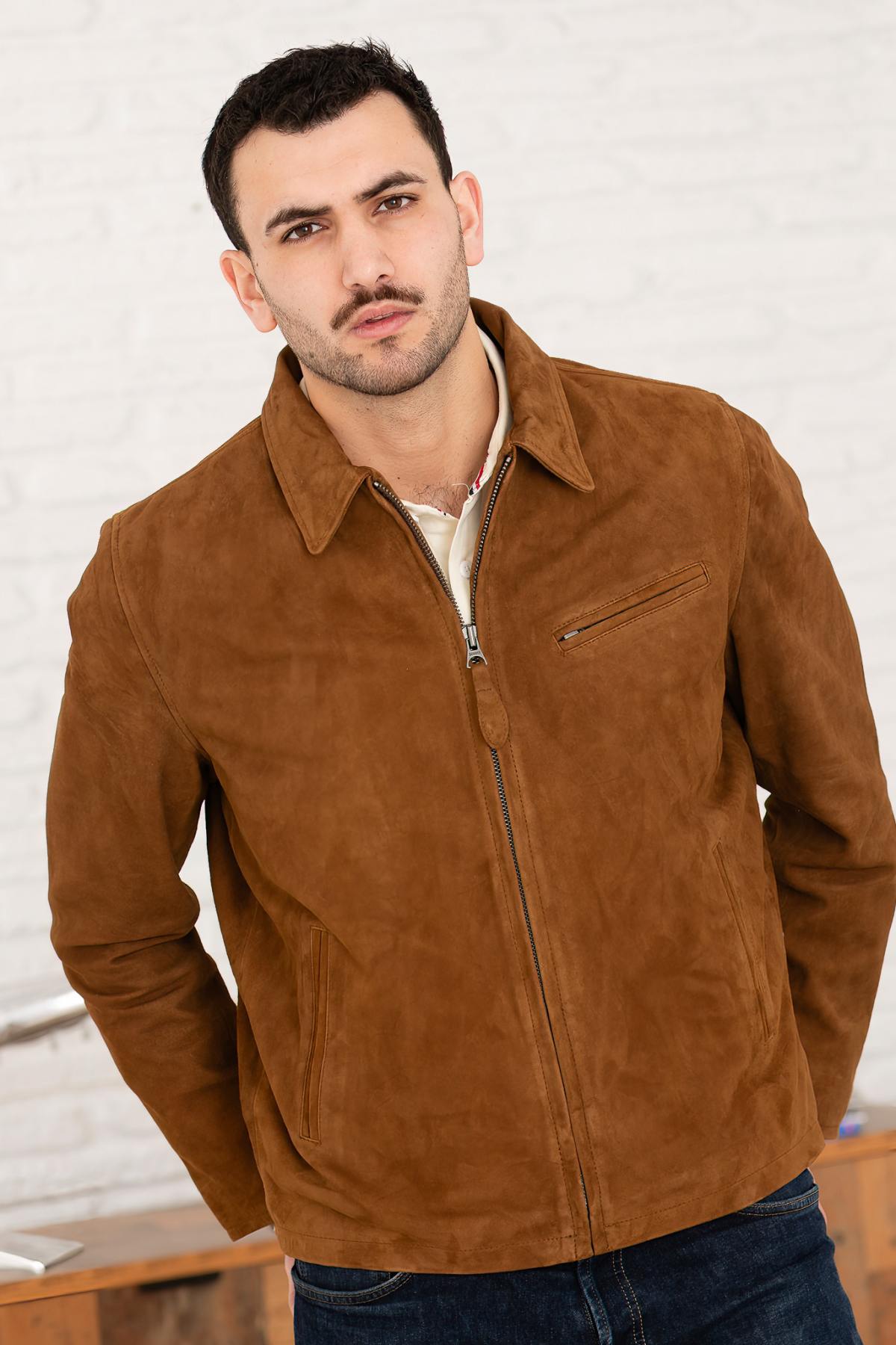 Rust-colored suede leather jacket with shirt collar - Image n°5