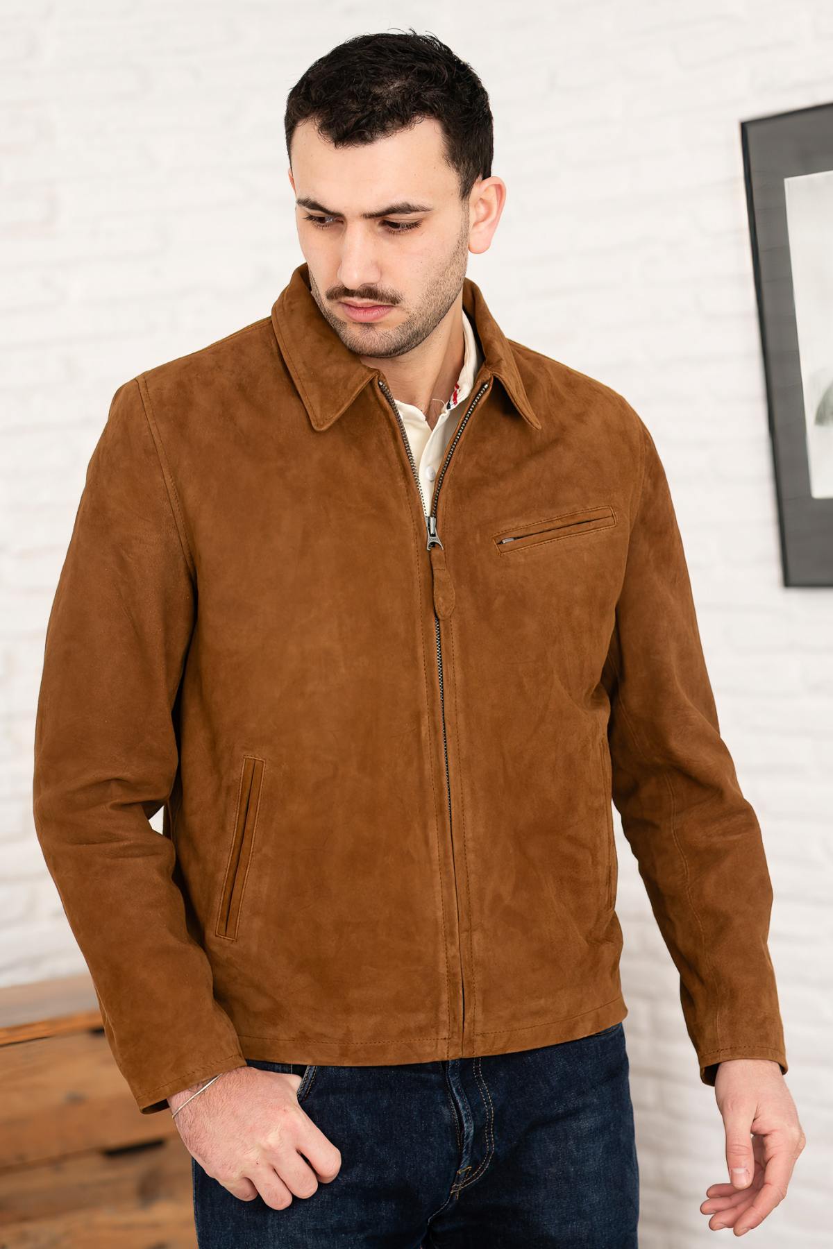 Rust-colored suede leather jacket with shirt collar - Image n°2