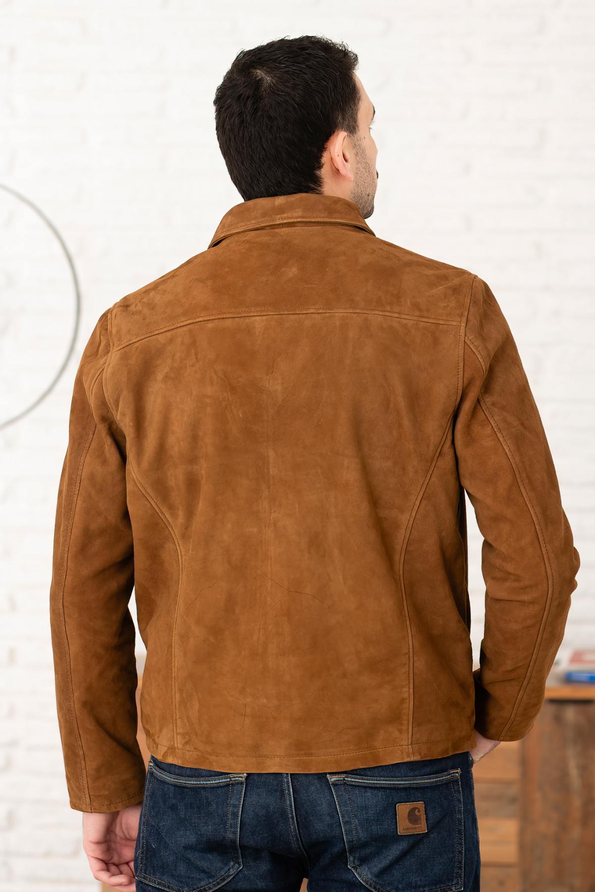 Rust-colored suede leather jacket with shirt collar - Image n°4