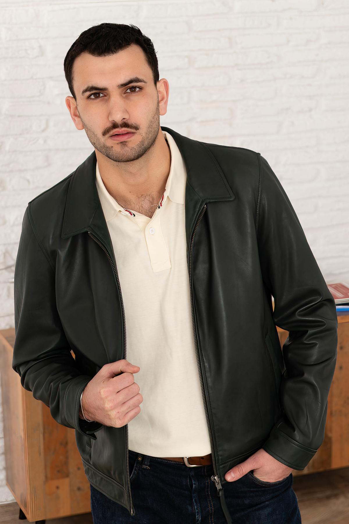 Green washed leather shirt collar jacket - Image n°5