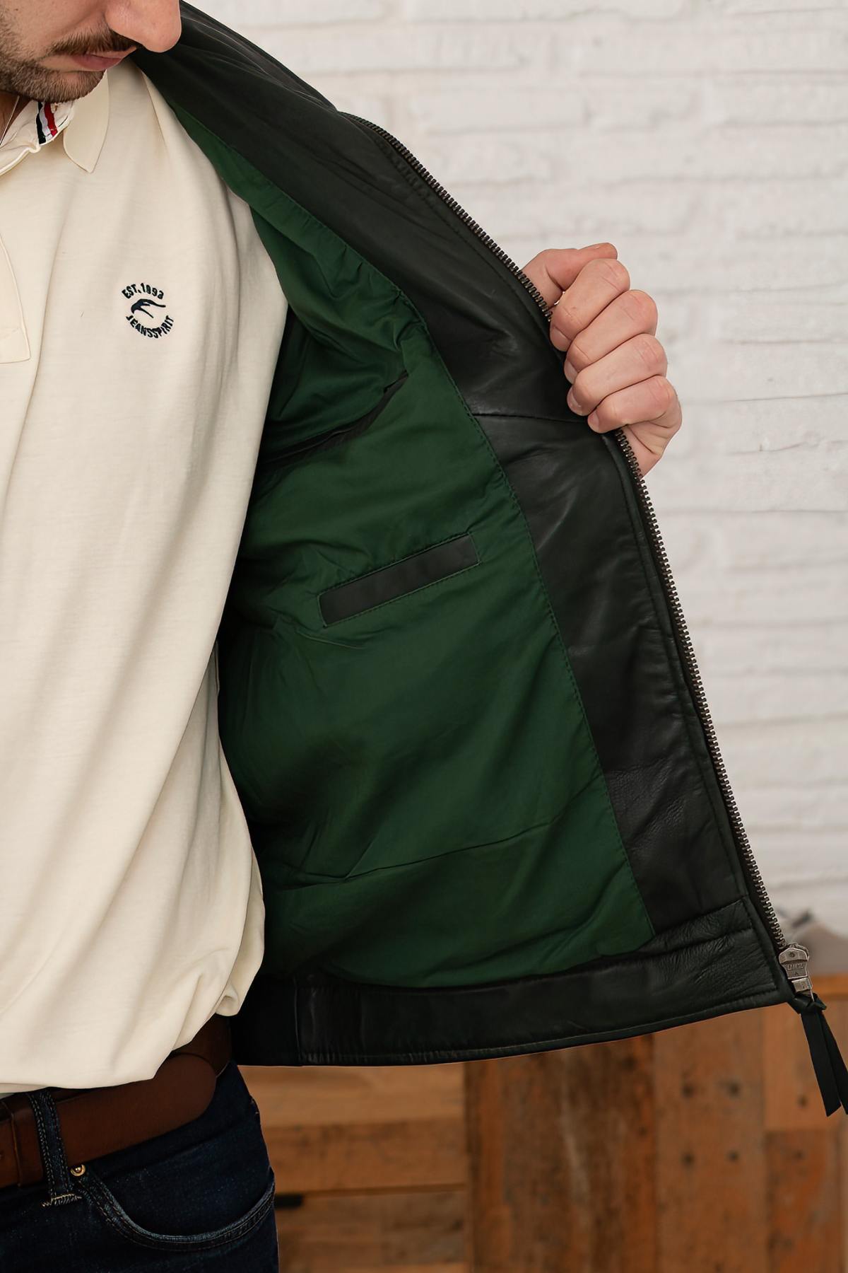 Green washed leather shirt collar jacket - Image n°3