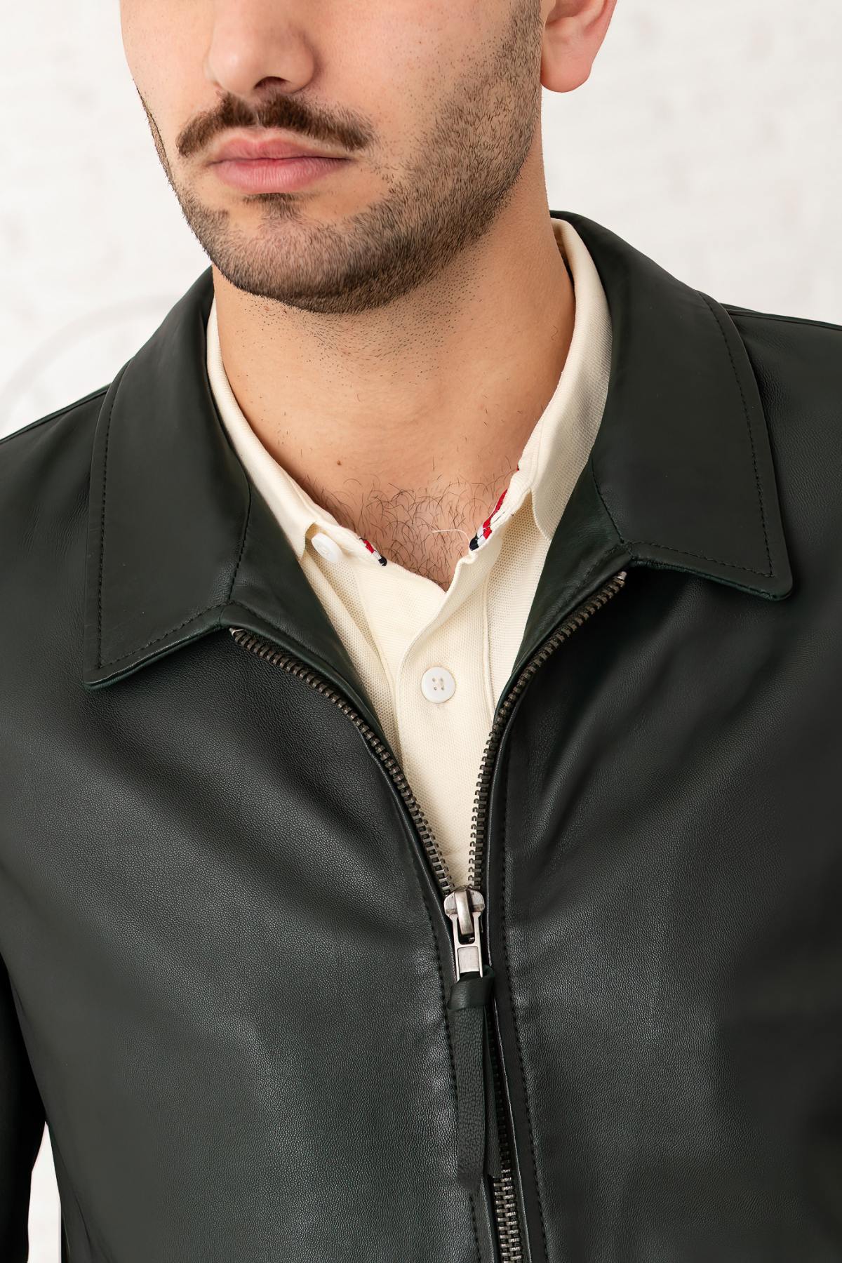 Green washed leather shirt collar jacket - Image n°6