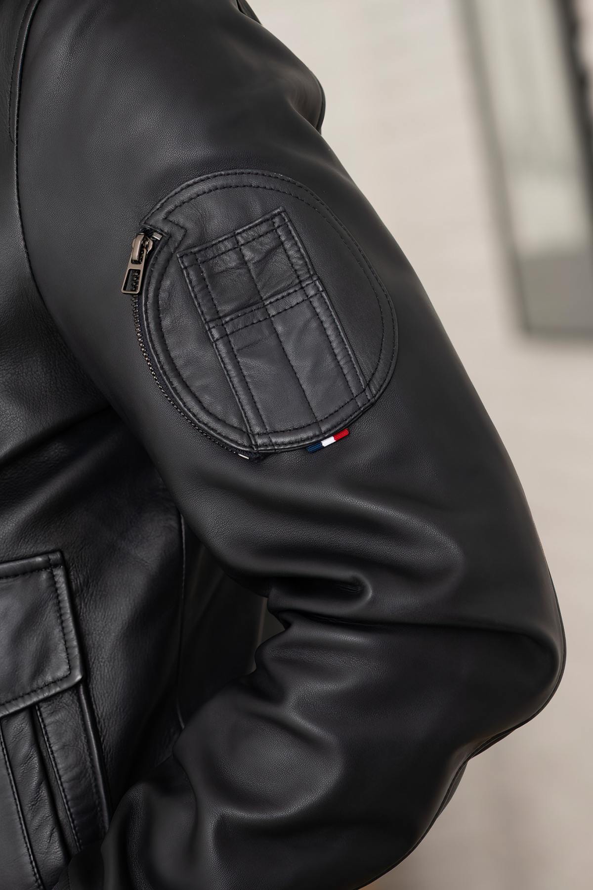 Navy blue biker collar leather jacket with PAF patches - Image n°7