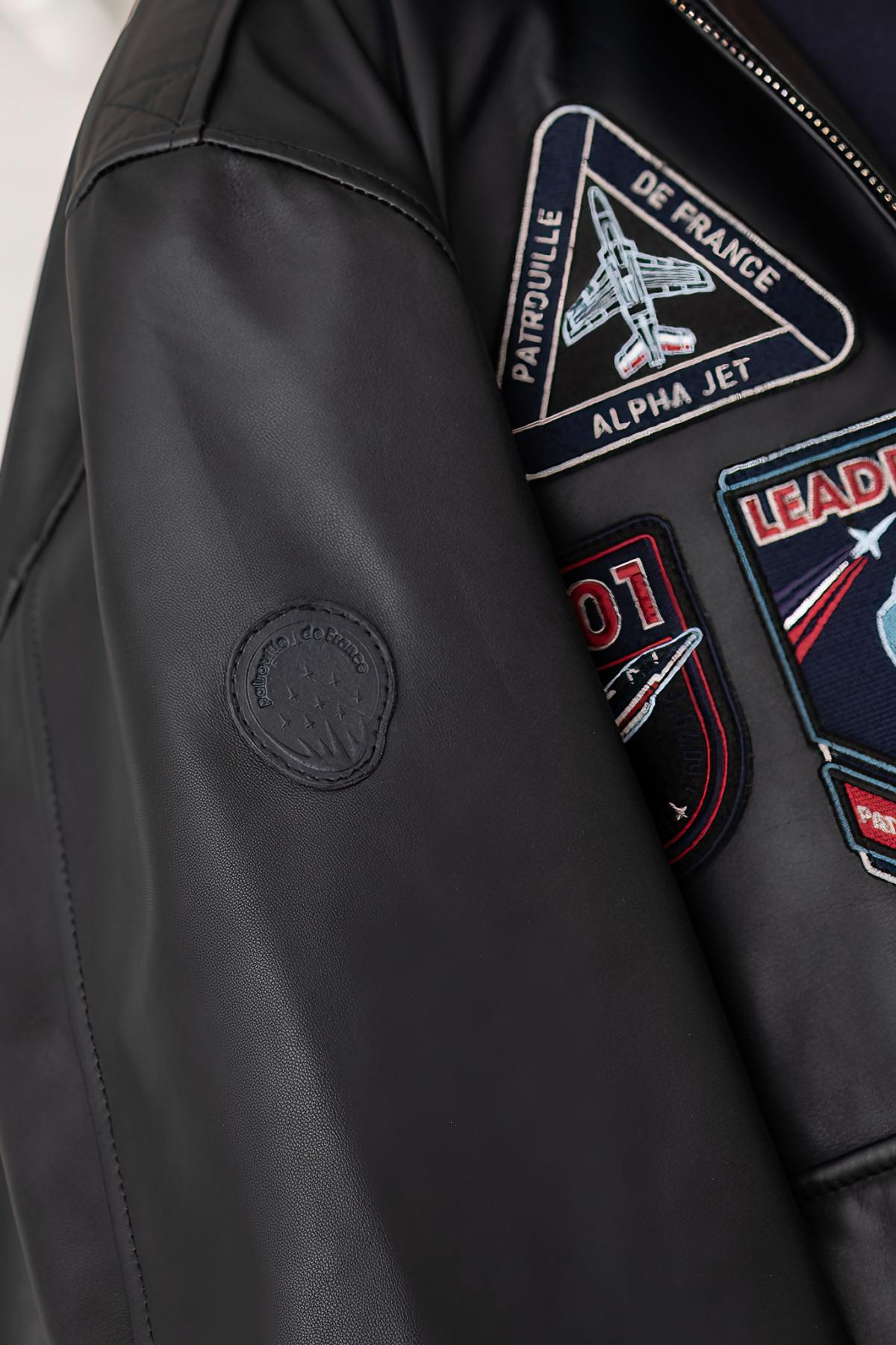 Navy blue biker collar leather jacket with PAF patches - Image n°13