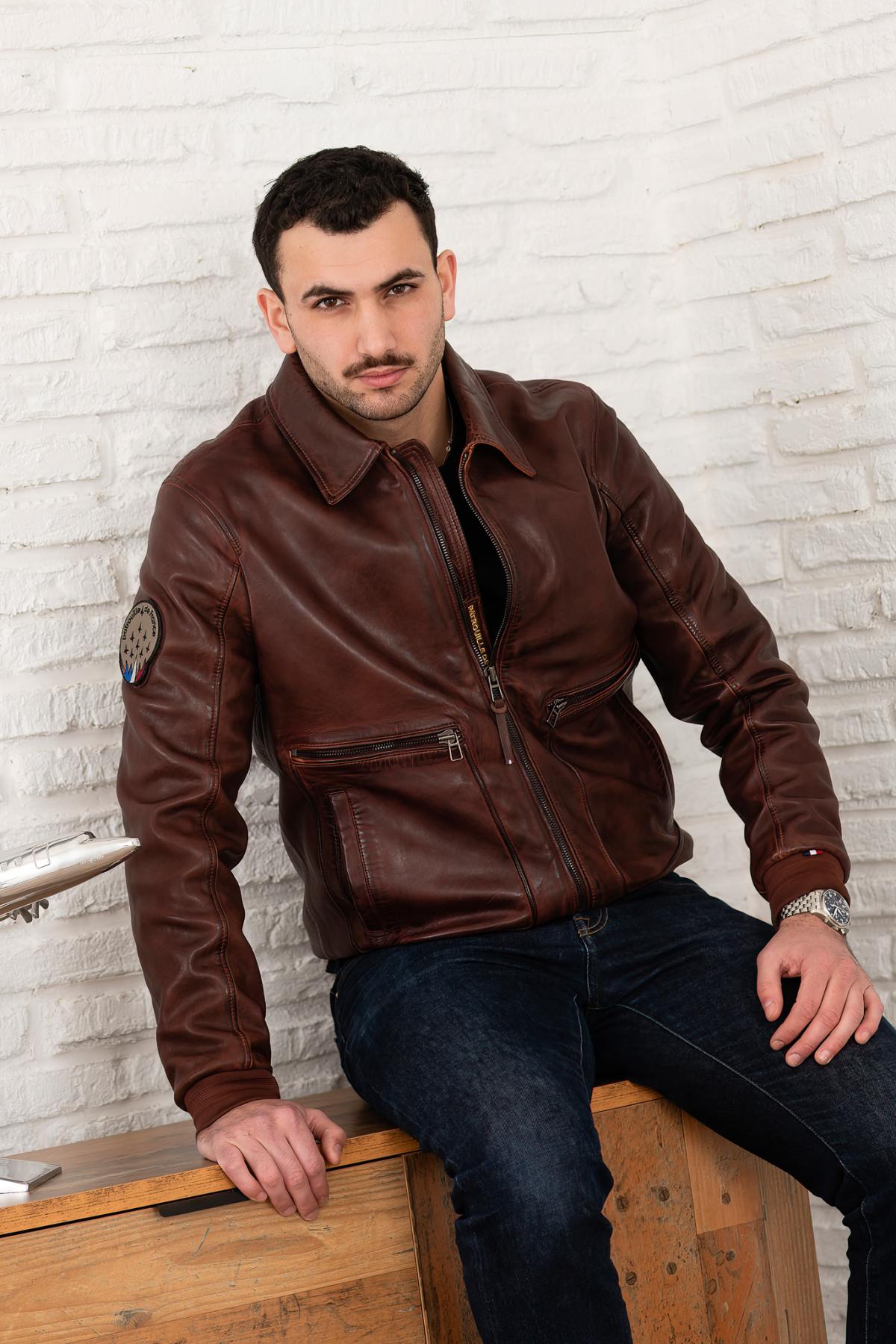 Cognac shirt collar leather bomber jacket - Image n°1