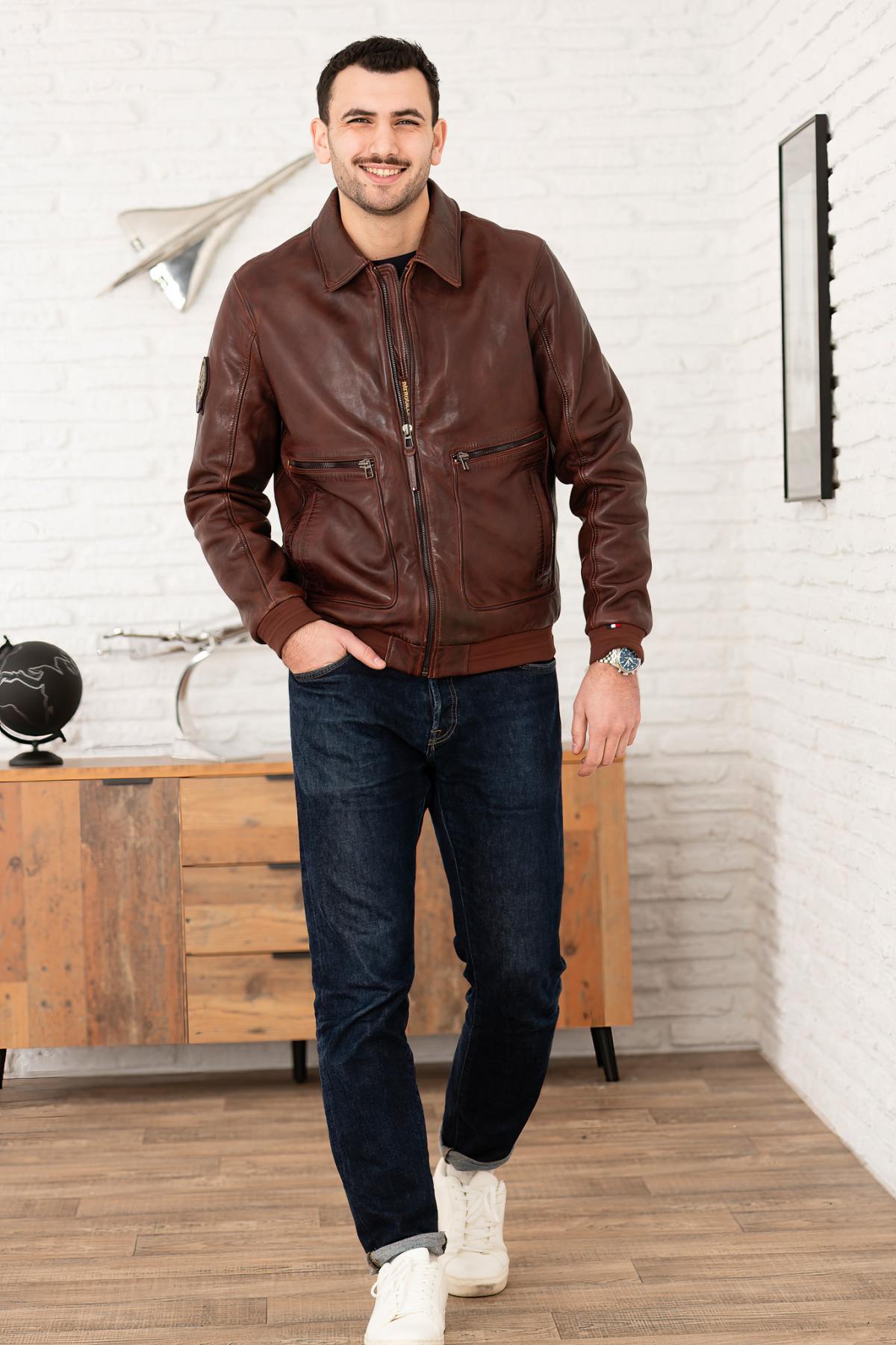 Cognac shirt collar leather bomber jacket - Image n°6