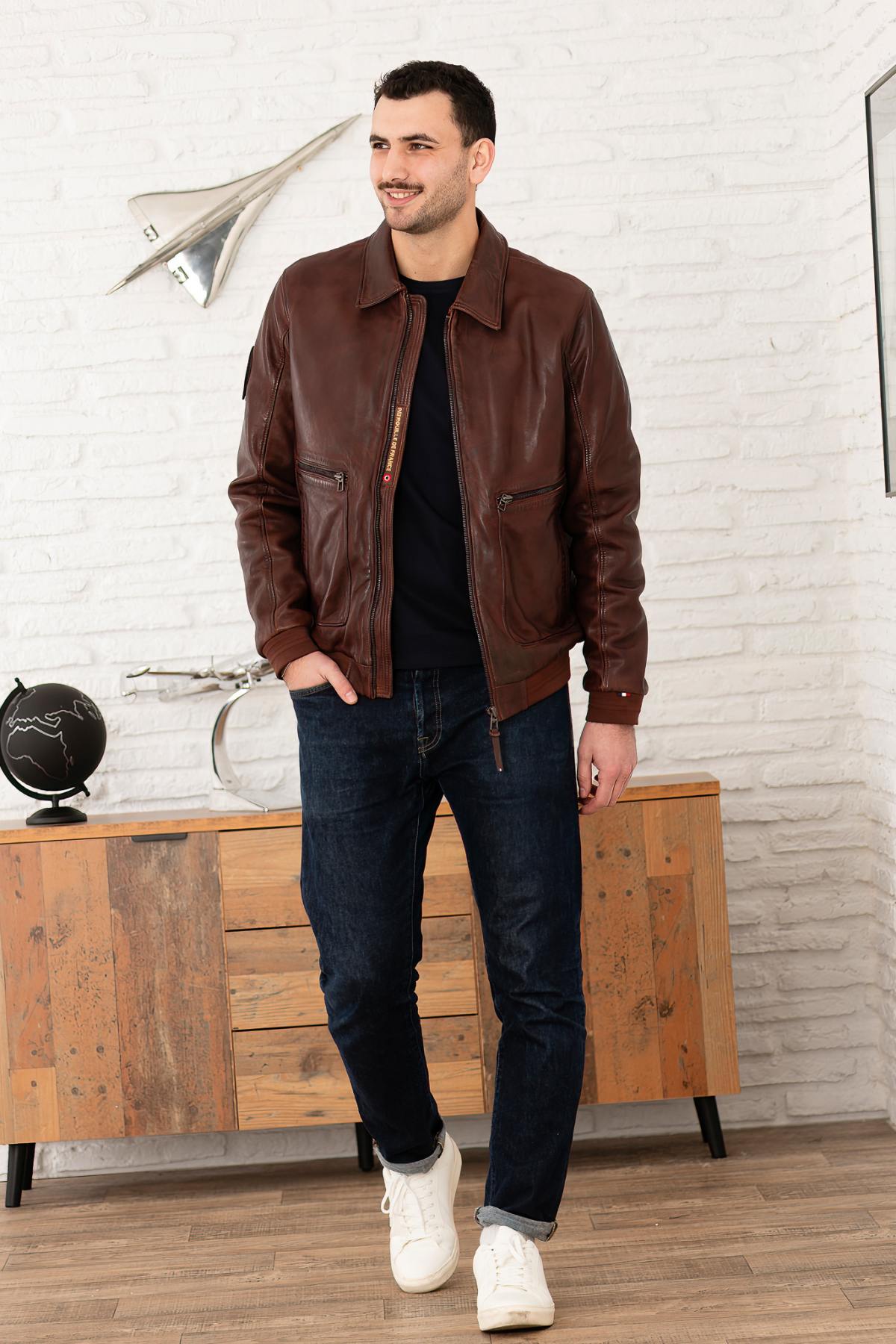 Cognac shirt collar leather bomber jacket - Image n°7