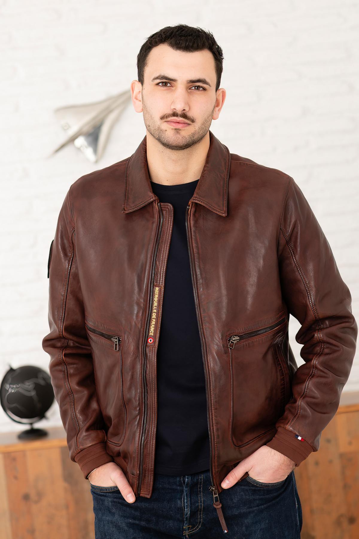 Cognac shirt collar leather bomber jacket - Image n°3