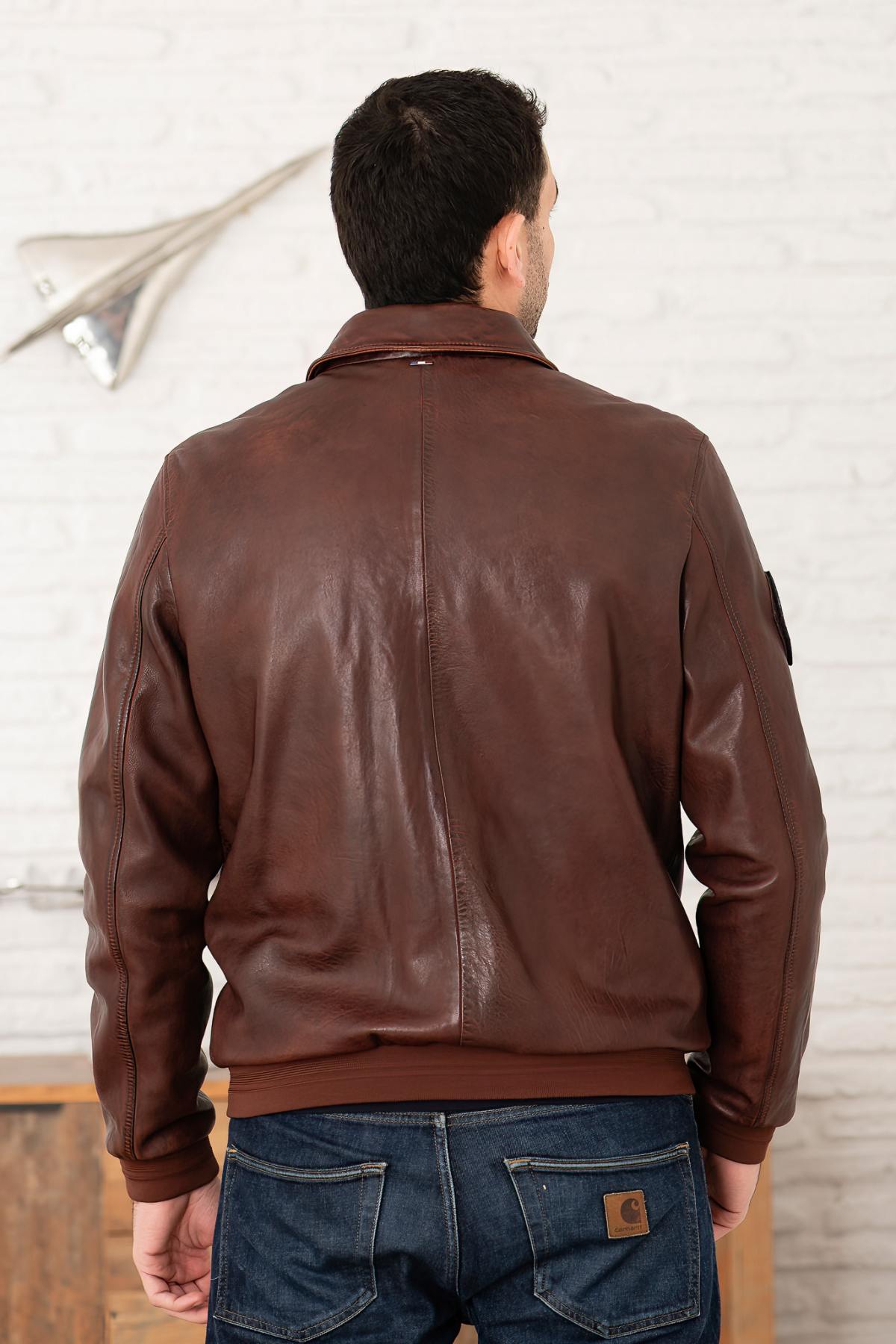 Cognac shirt collar leather bomber jacket - Image n°4