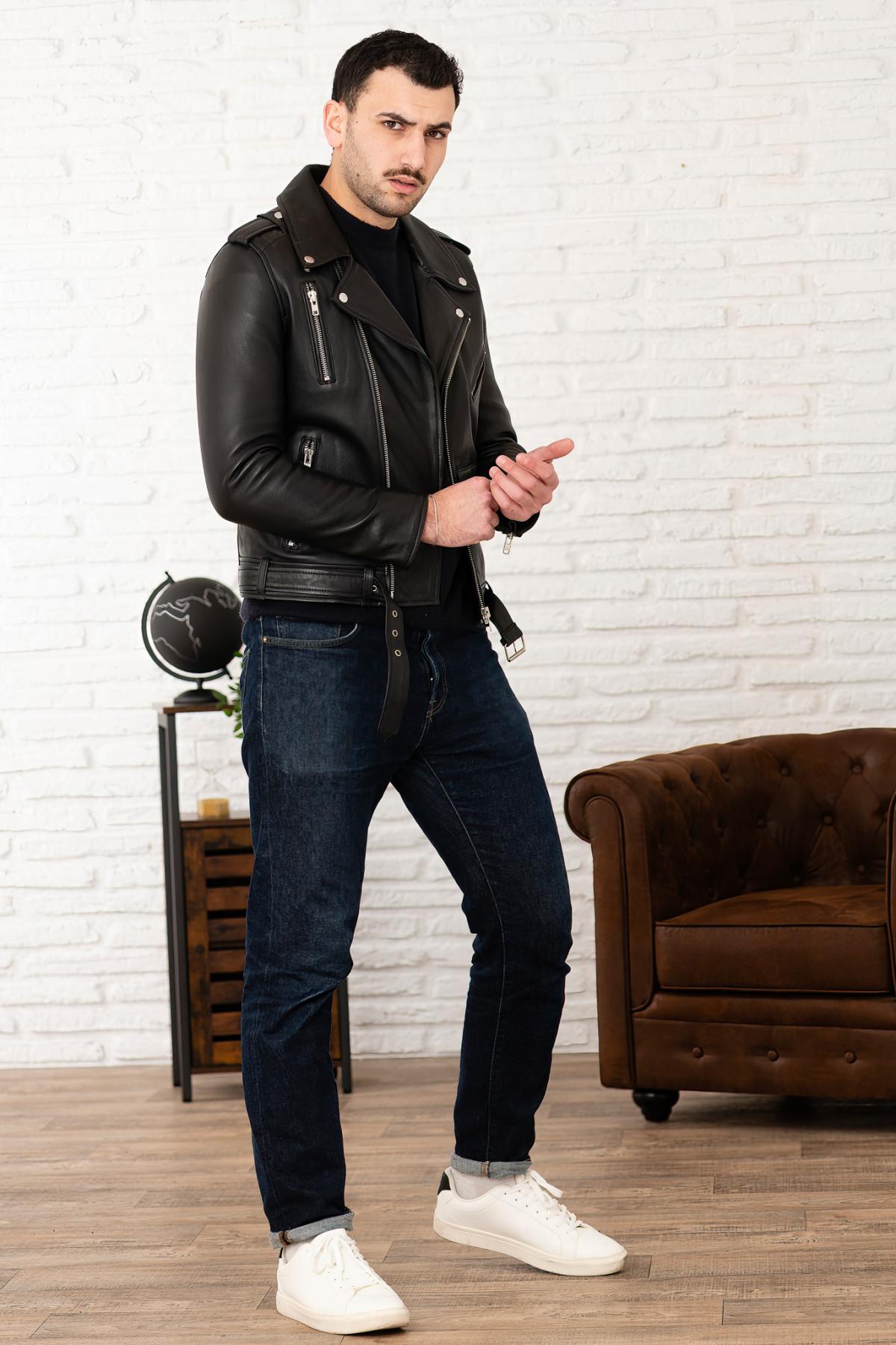 Men's black leather biker jacket with belt - Image n°9