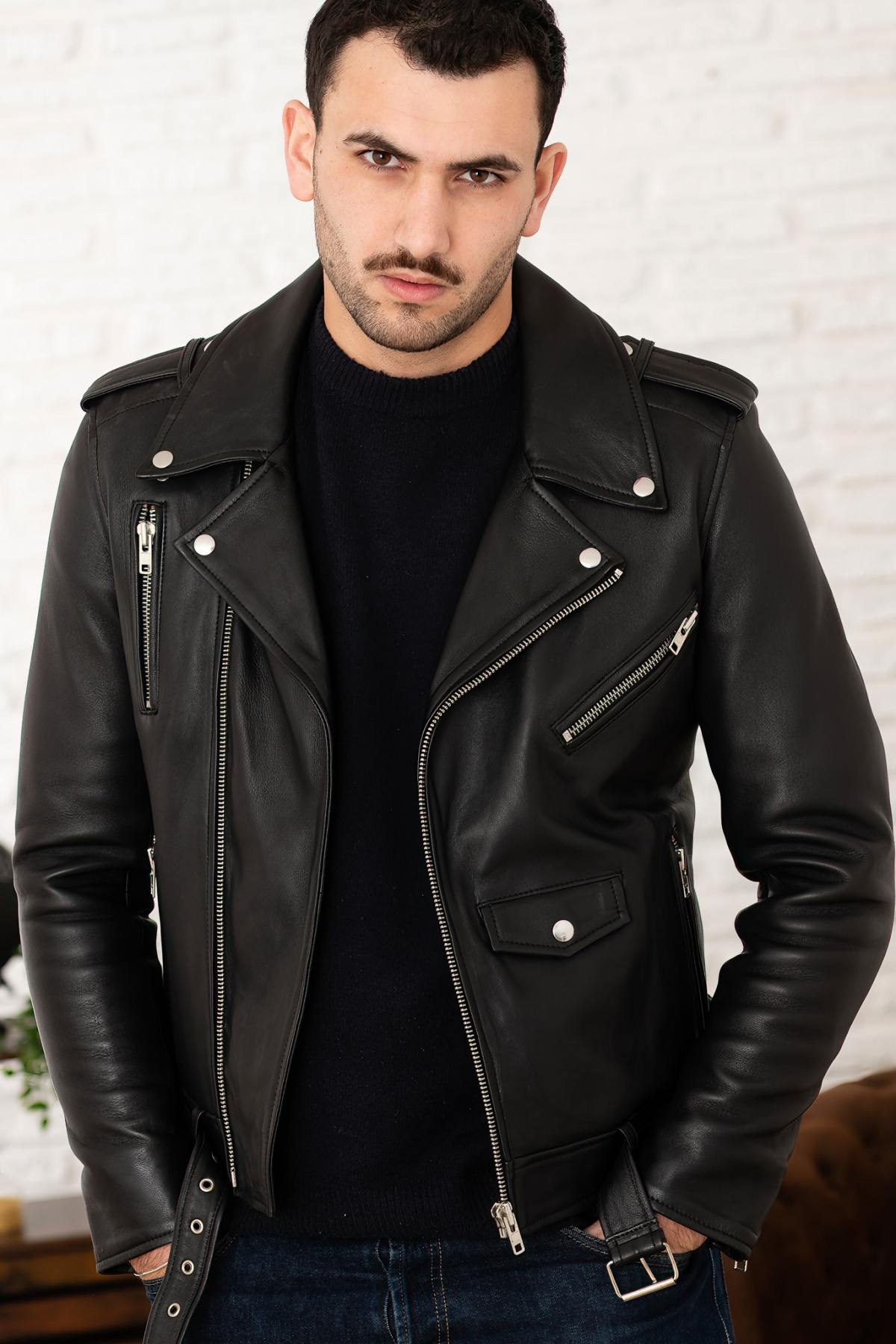 Men's black leather biker jacket with belt - Image n°7