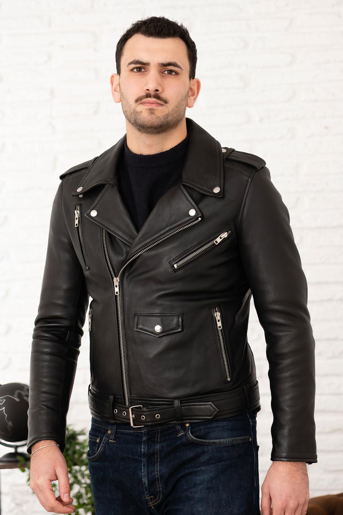 Men's black leather biker jacket with belt - Image n°12