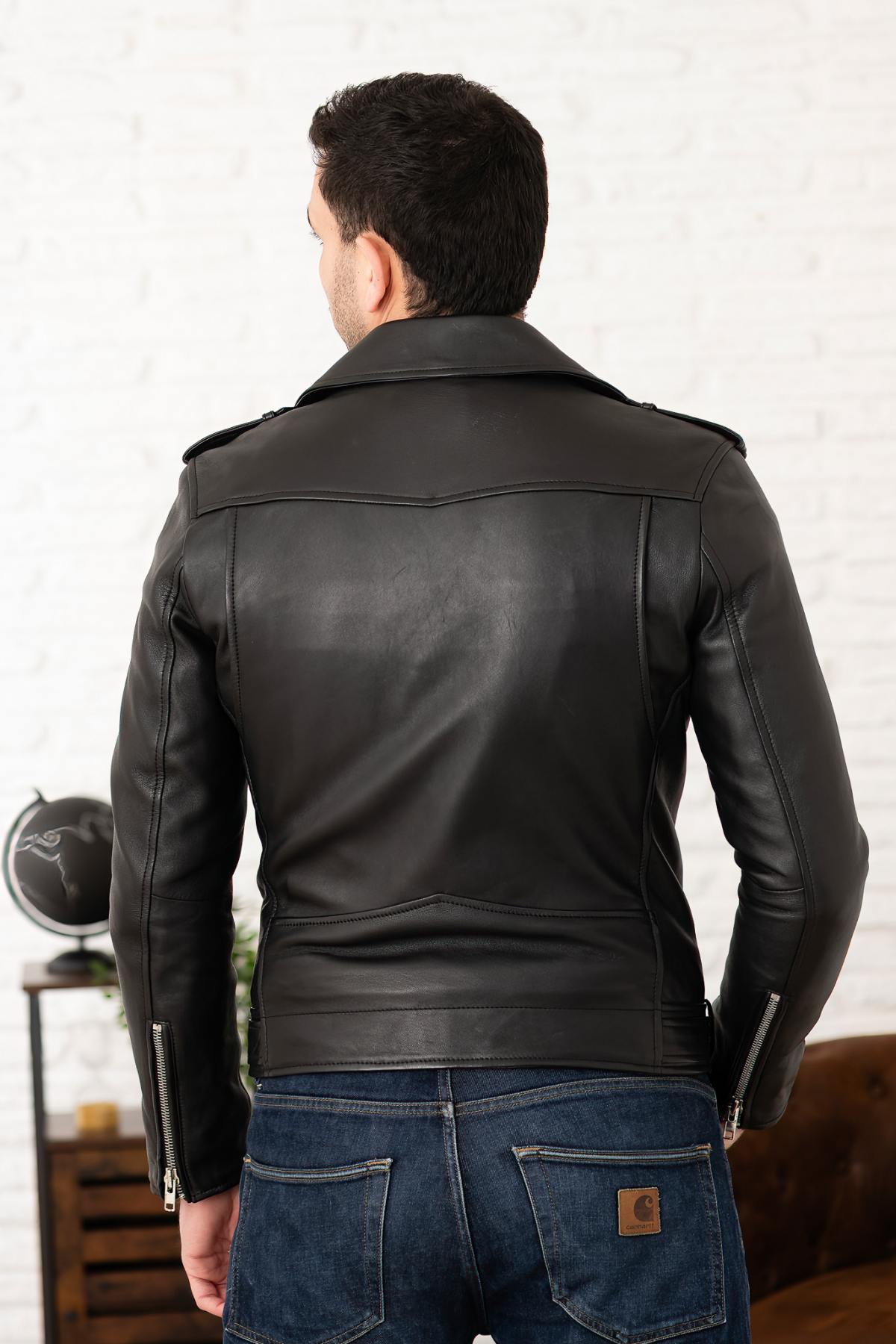 Men's black leather biker jacket with belt - Image n°11