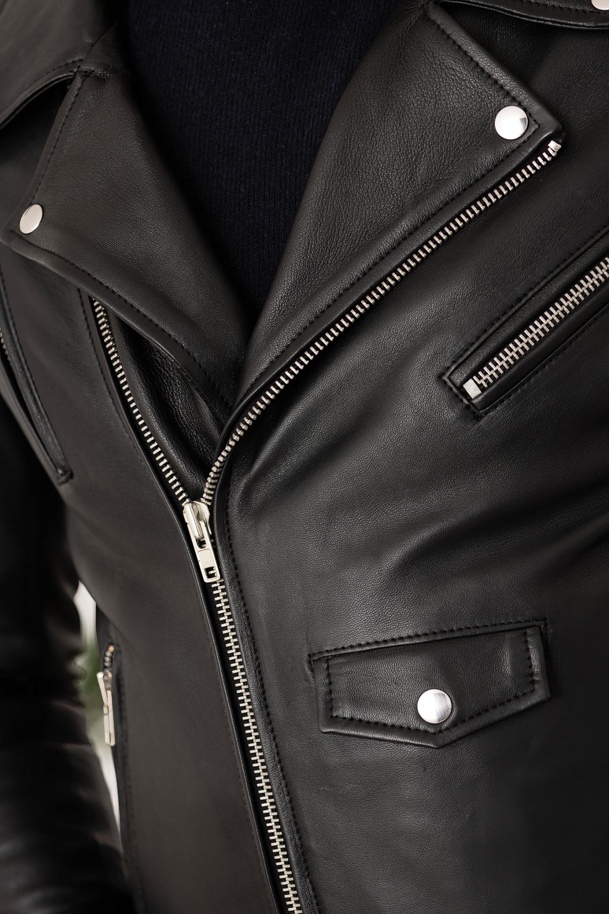 Men's black leather biker jacket with belt - Image n°13