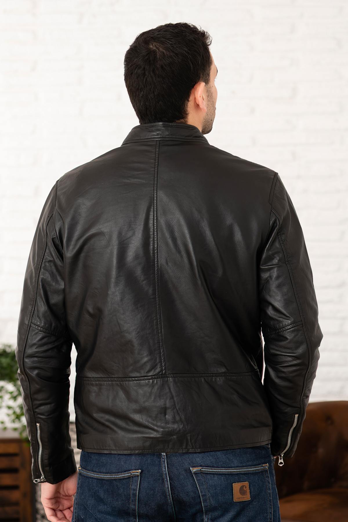 Black sleek biker collar leather jacket - Image n°4