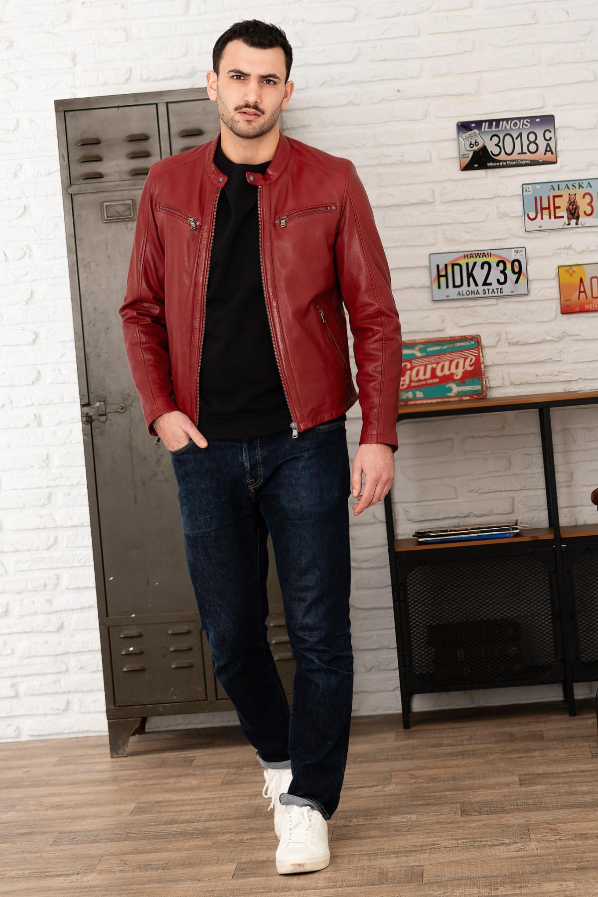 Red chili pepper biker collar leather jacket - Image n°3