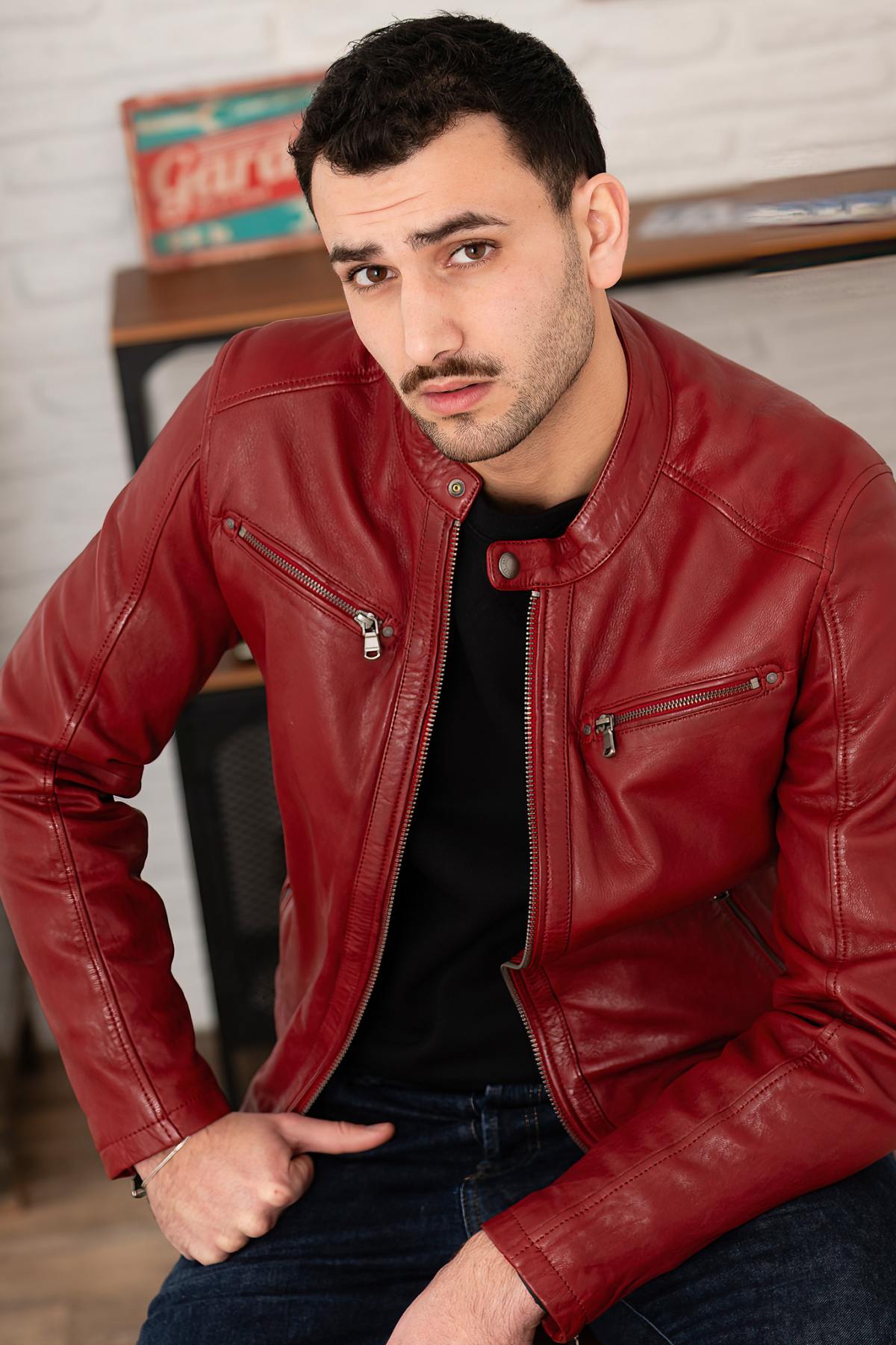 Red chili pepper biker collar leather jacket - Image n°1