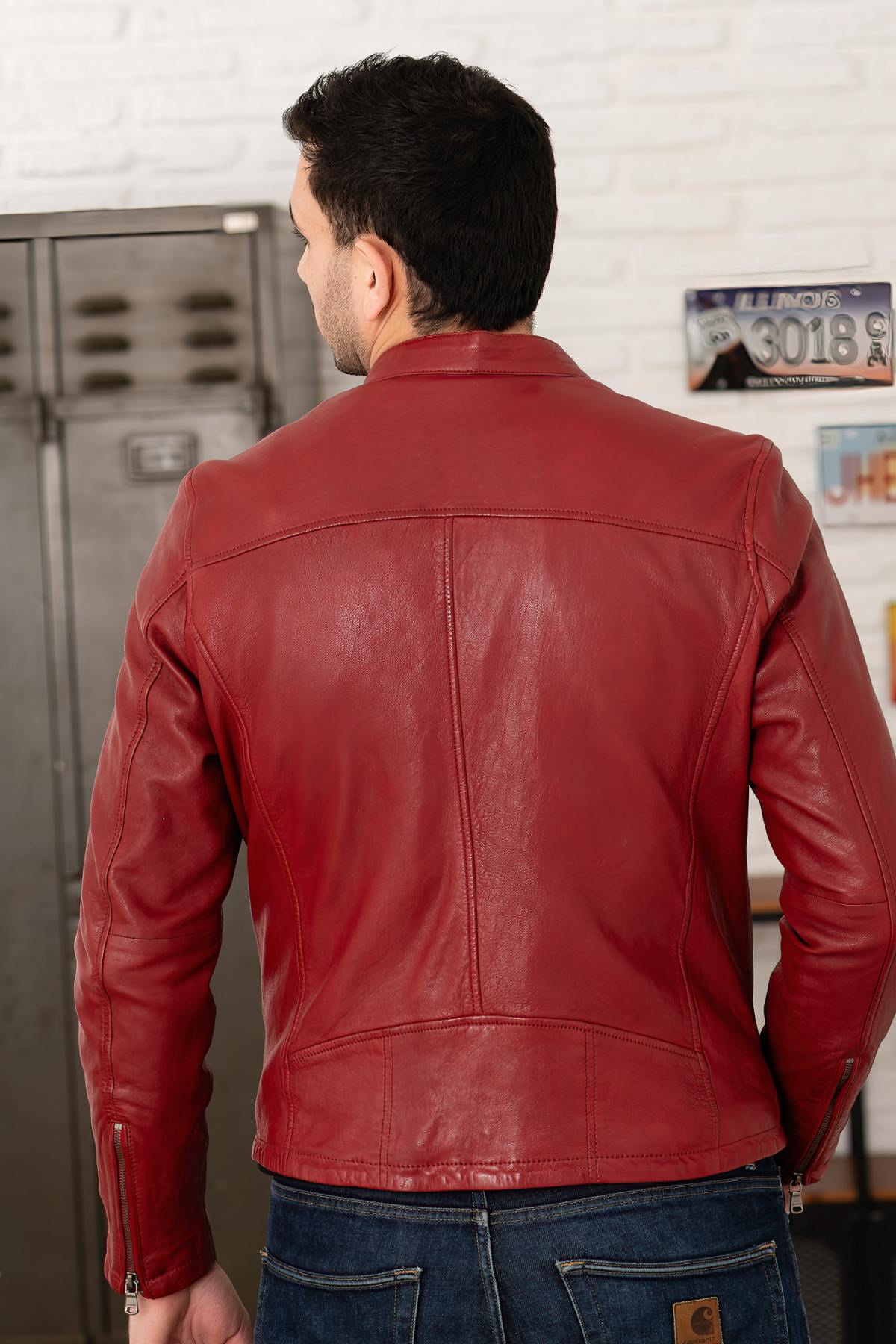 Red chili pepper biker collar leather jacket - Image n°5