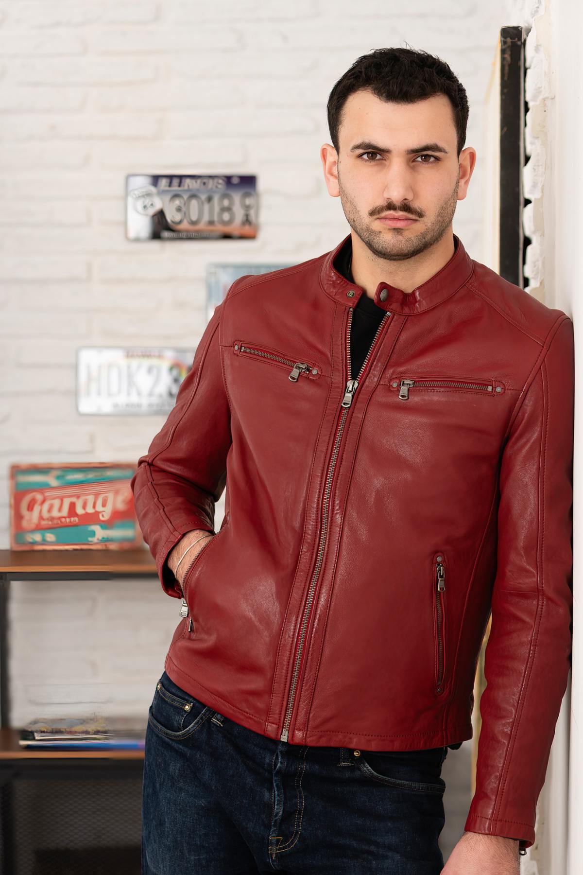 Red chili pepper biker collar leather jacket - Image n°2