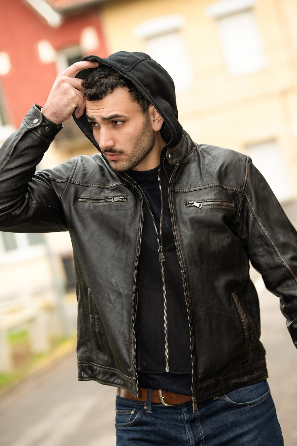 Distressed hooded leather jacket - Image n°1