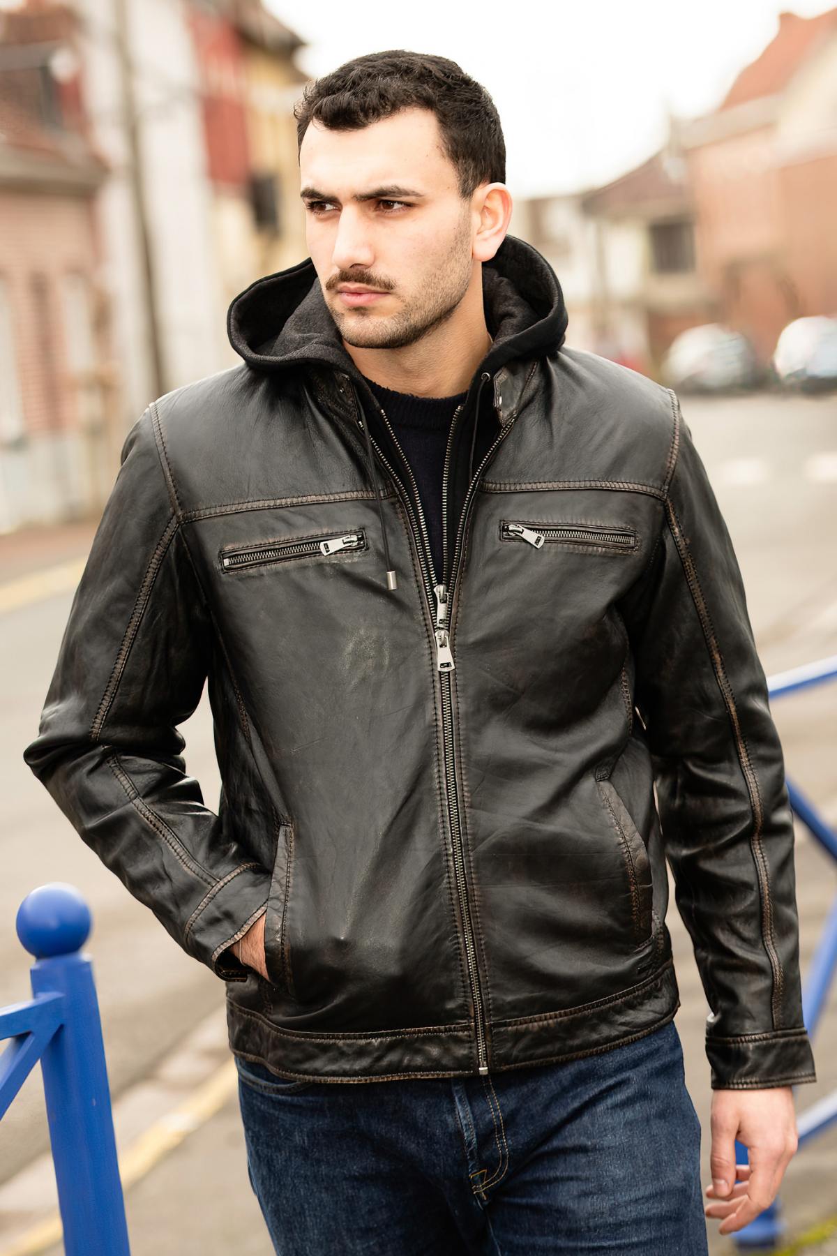 Distressed hooded leather jacket - Image n°6