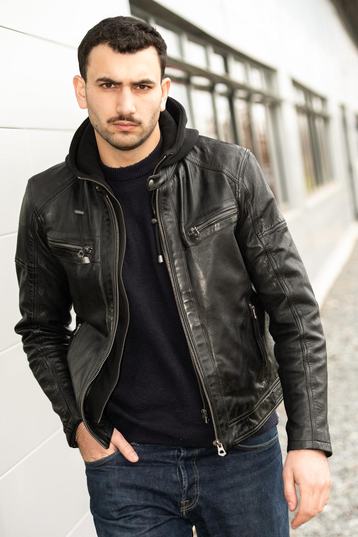 Black leather hooded jacket - Image n°1