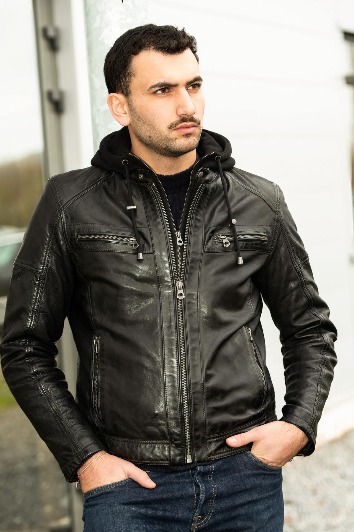 Black leather hooded jacket - Image n°2