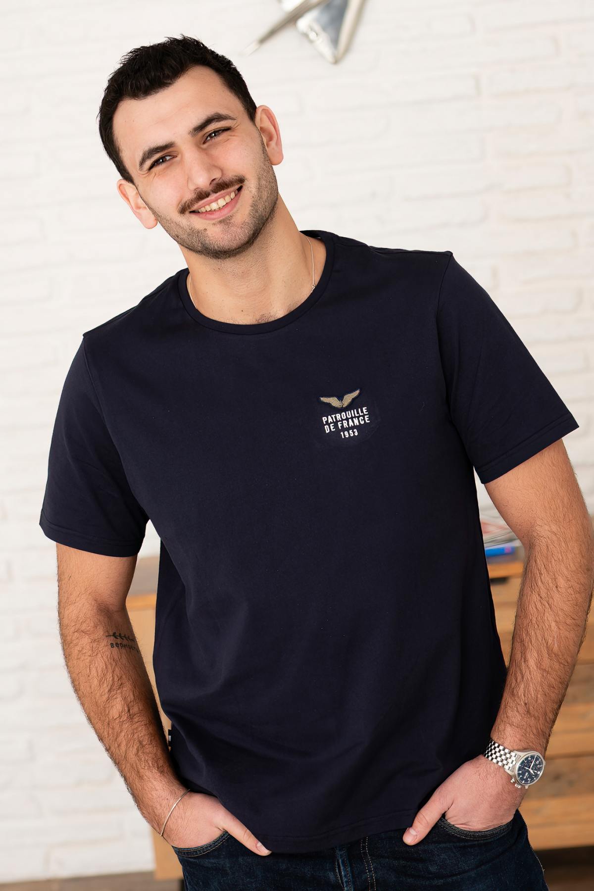 Navy blue cotton t-shirt with wings logo - Image n°1