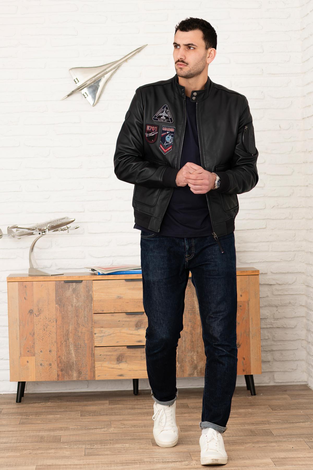 Navy blue biker collar leather jacket with PAF patches - Image n°9