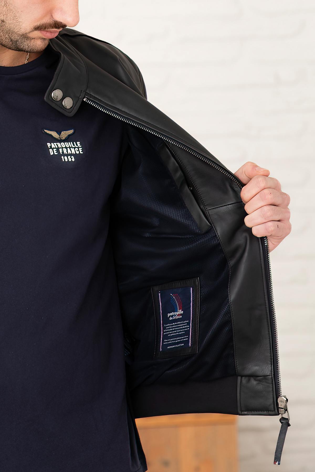 Navy blue biker collar leather jacket with PAF patches - Image n°11