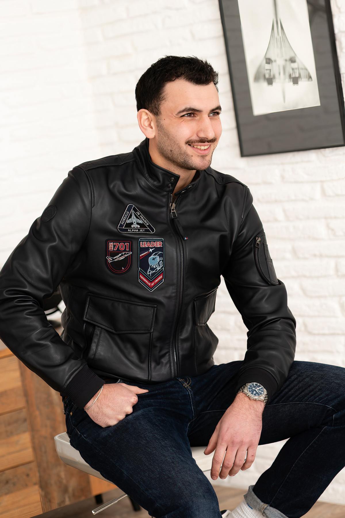 Navy blue biker collar leather jacket with PAF patches - Image n°1