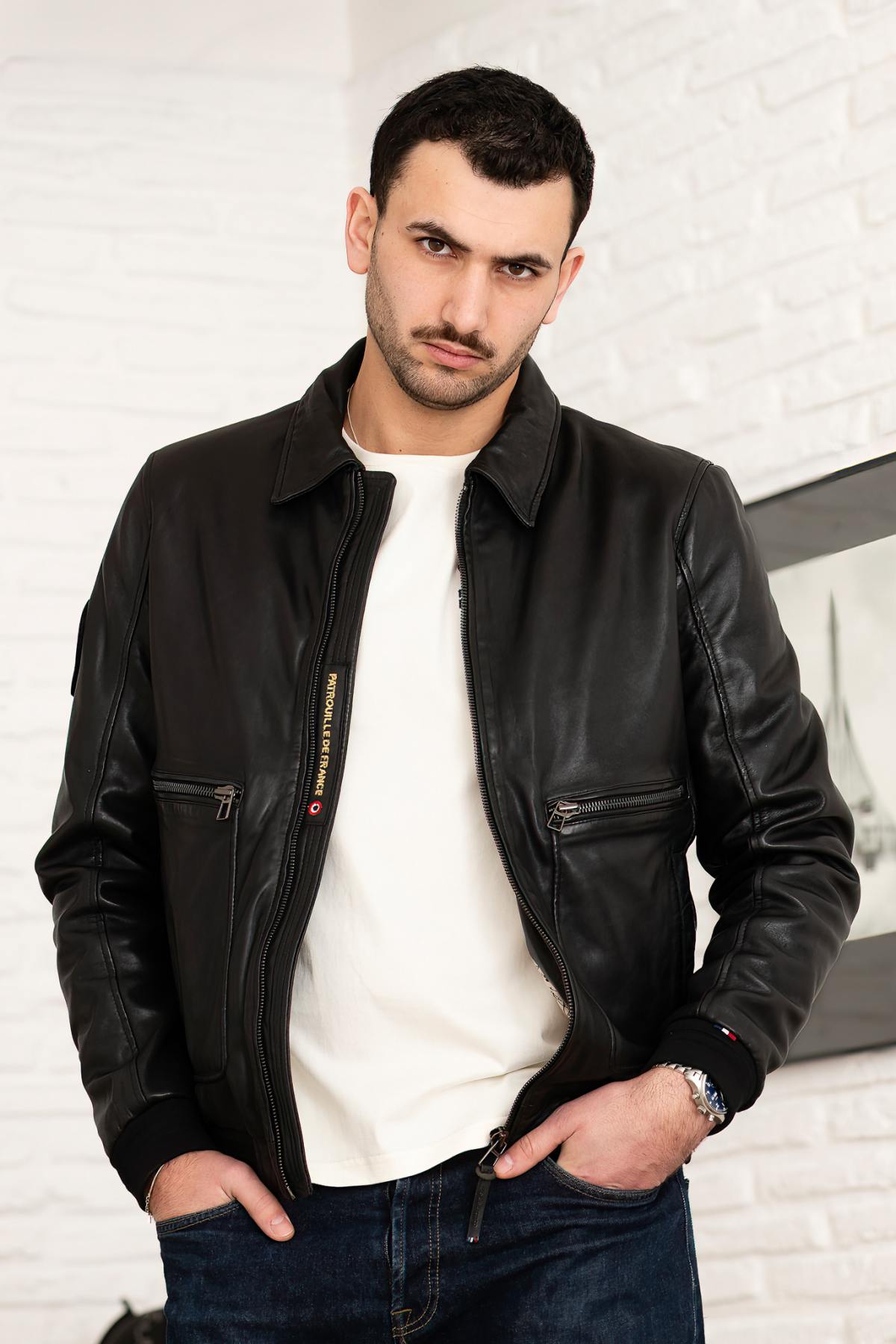 Black PAF leather bomber jacket with shirt collar - Image n°5