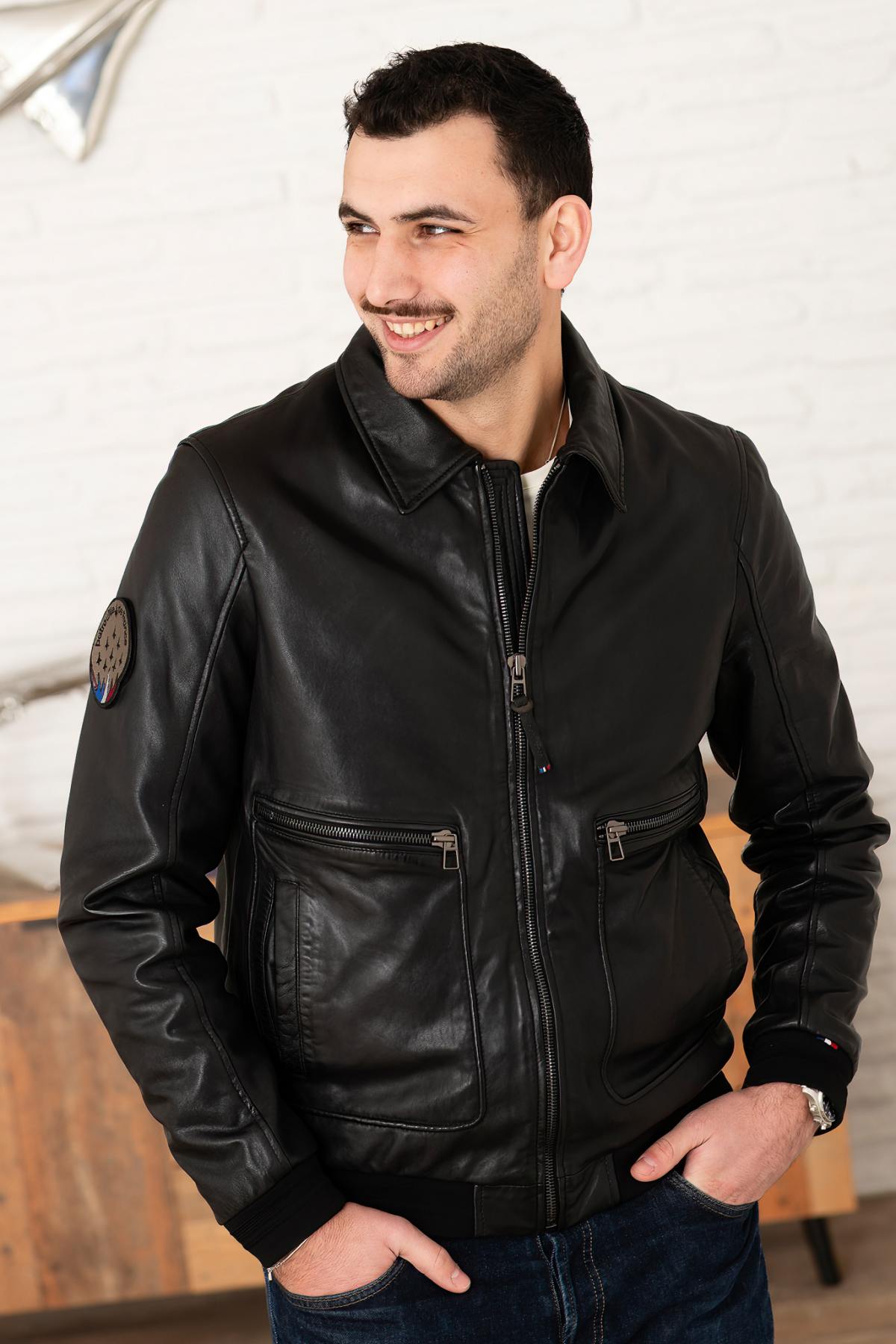 Black PAF leather bomber jacket with shirt collar - Image n°1