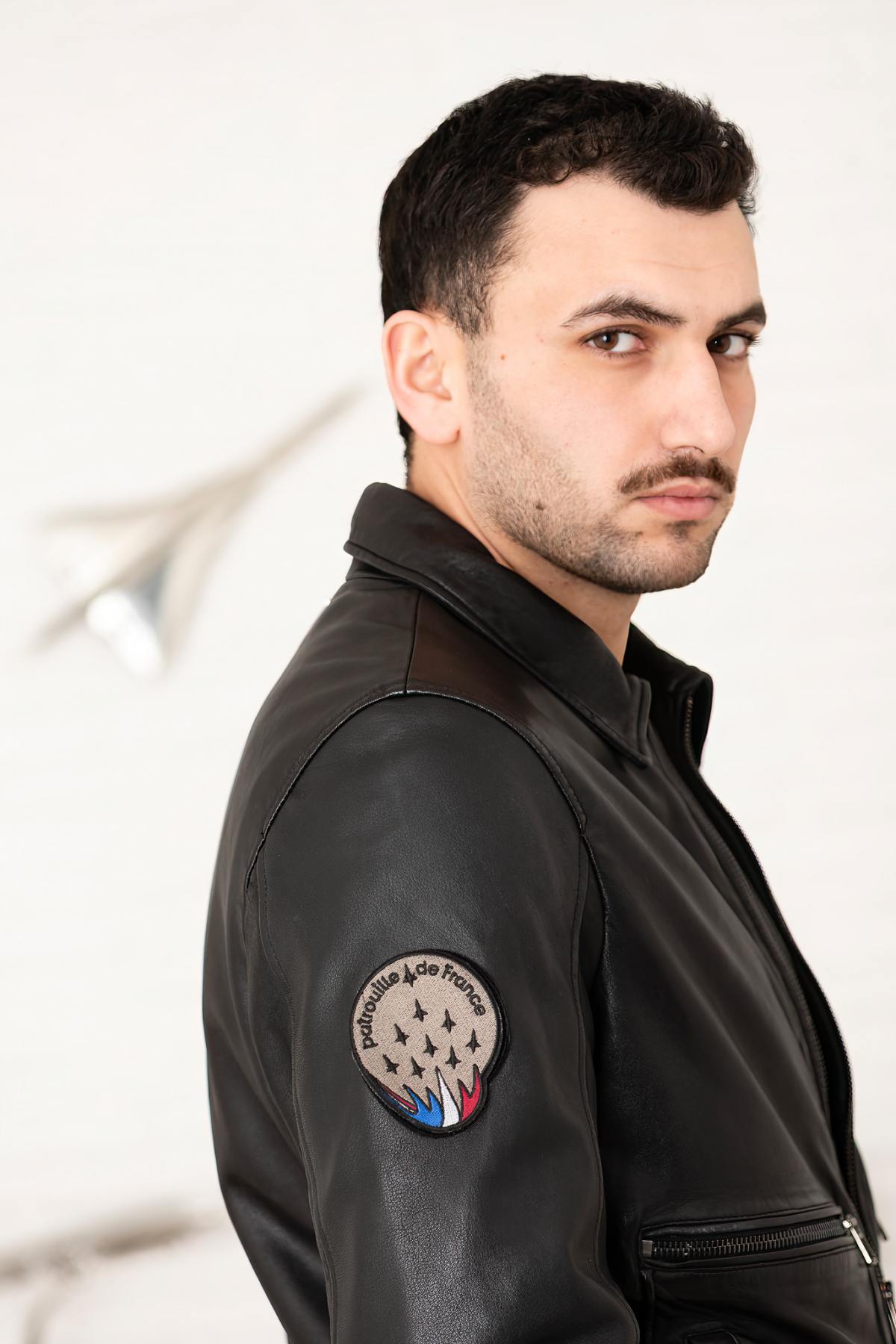 Black PAF leather bomber jacket with shirt collar - Image n°12