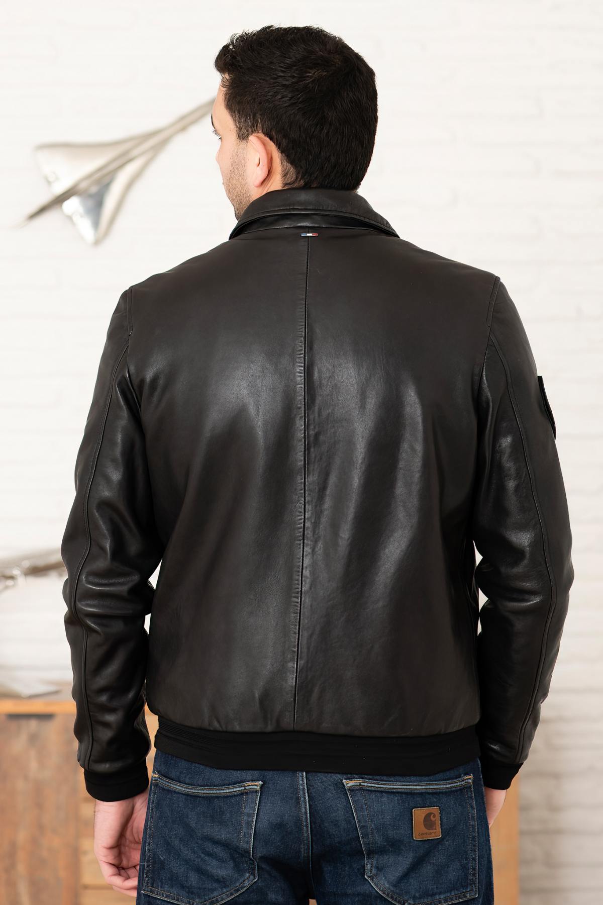 Black PAF leather bomber jacket with shirt collar - Image n°6