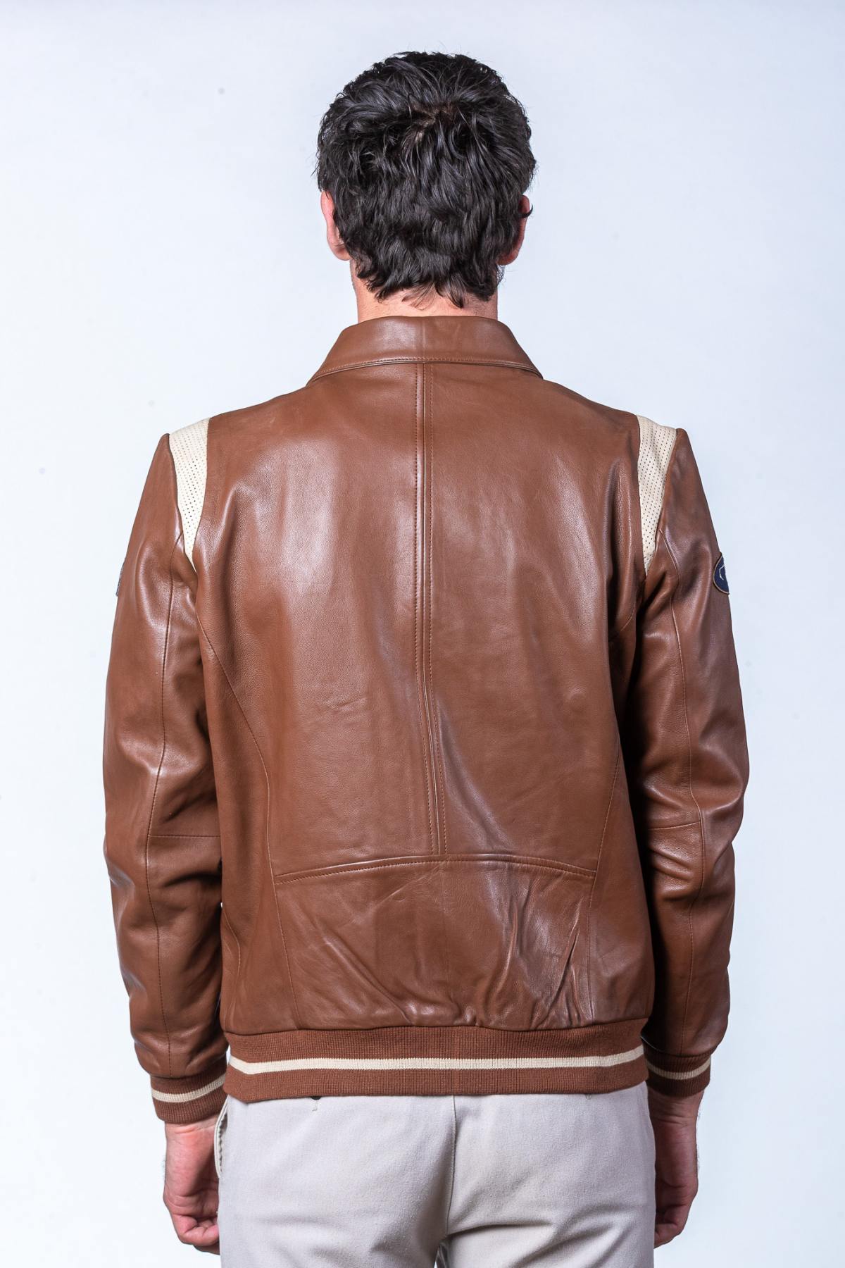 Steve McQueen Tortoise Brown Shirt Collar Leather Jacket - Image n°2