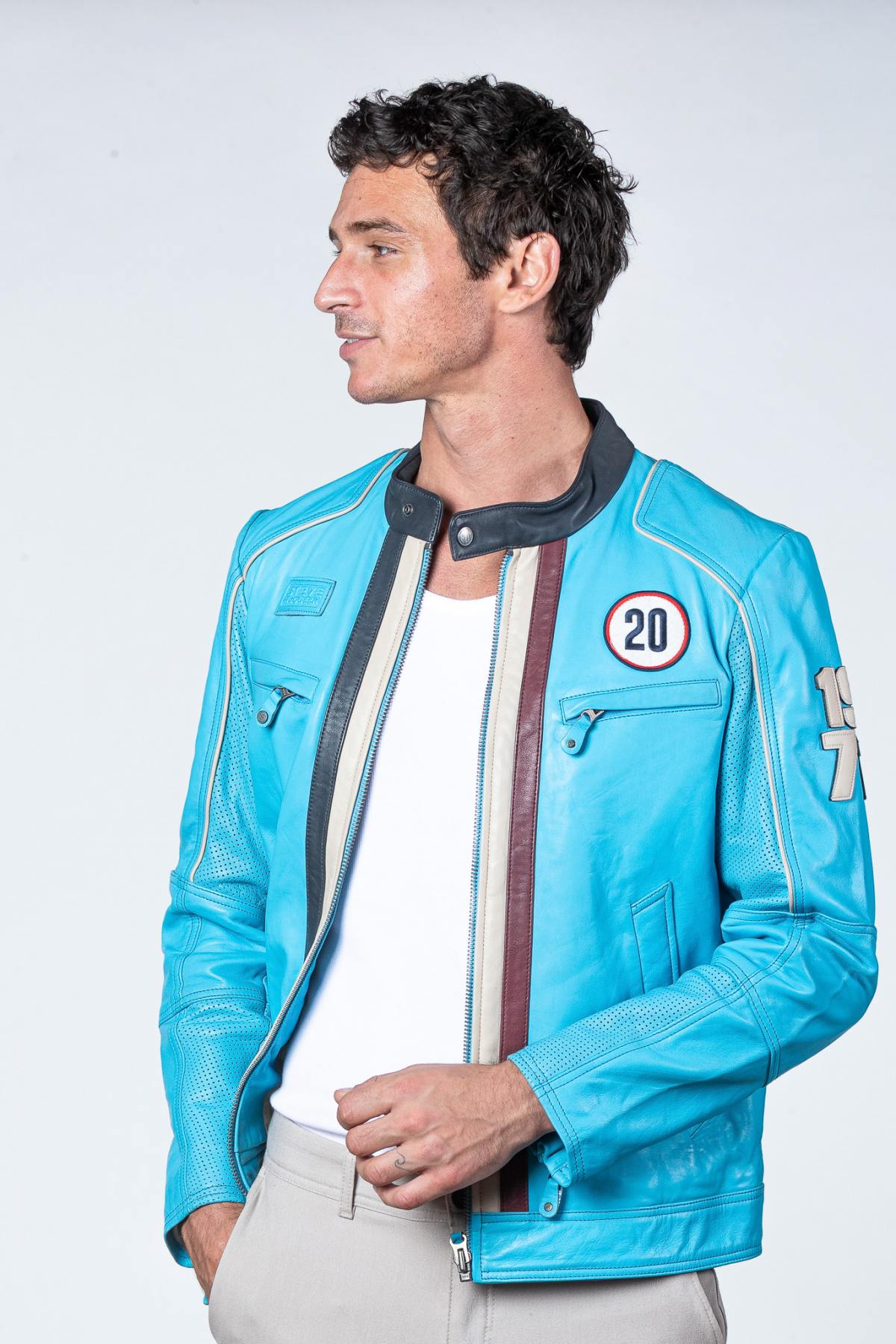 Nordic Blue Leather Racing Jacket - Image n°1