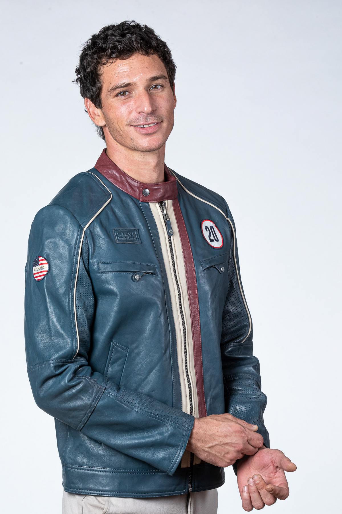 Royal blue leather racing jacket - Image n°5