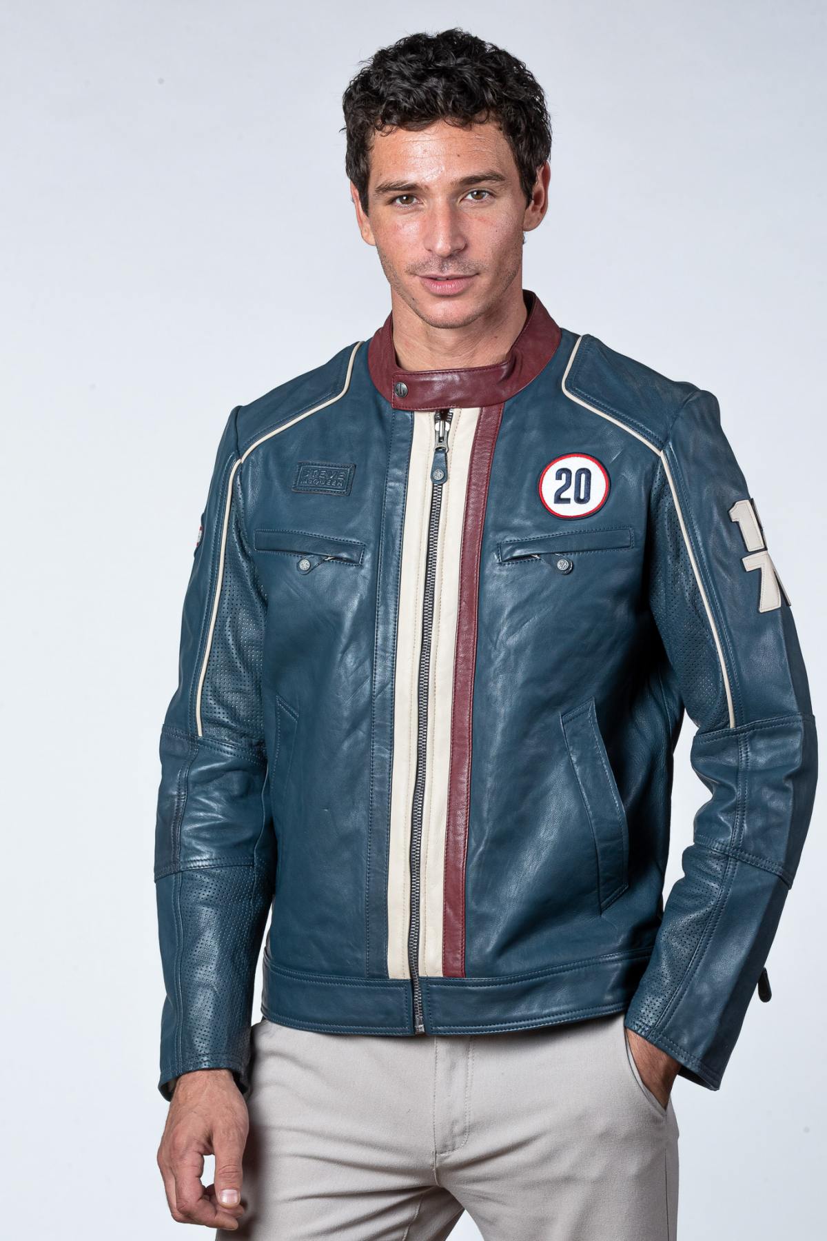 Royal blue leather racing jacket - Image n°1