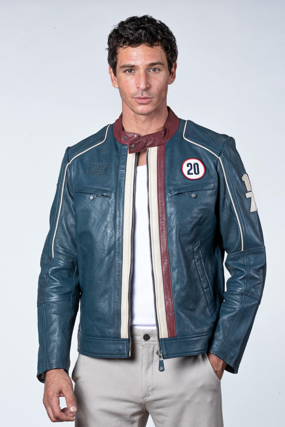 Royal blue leather racing jacket - Image n°4