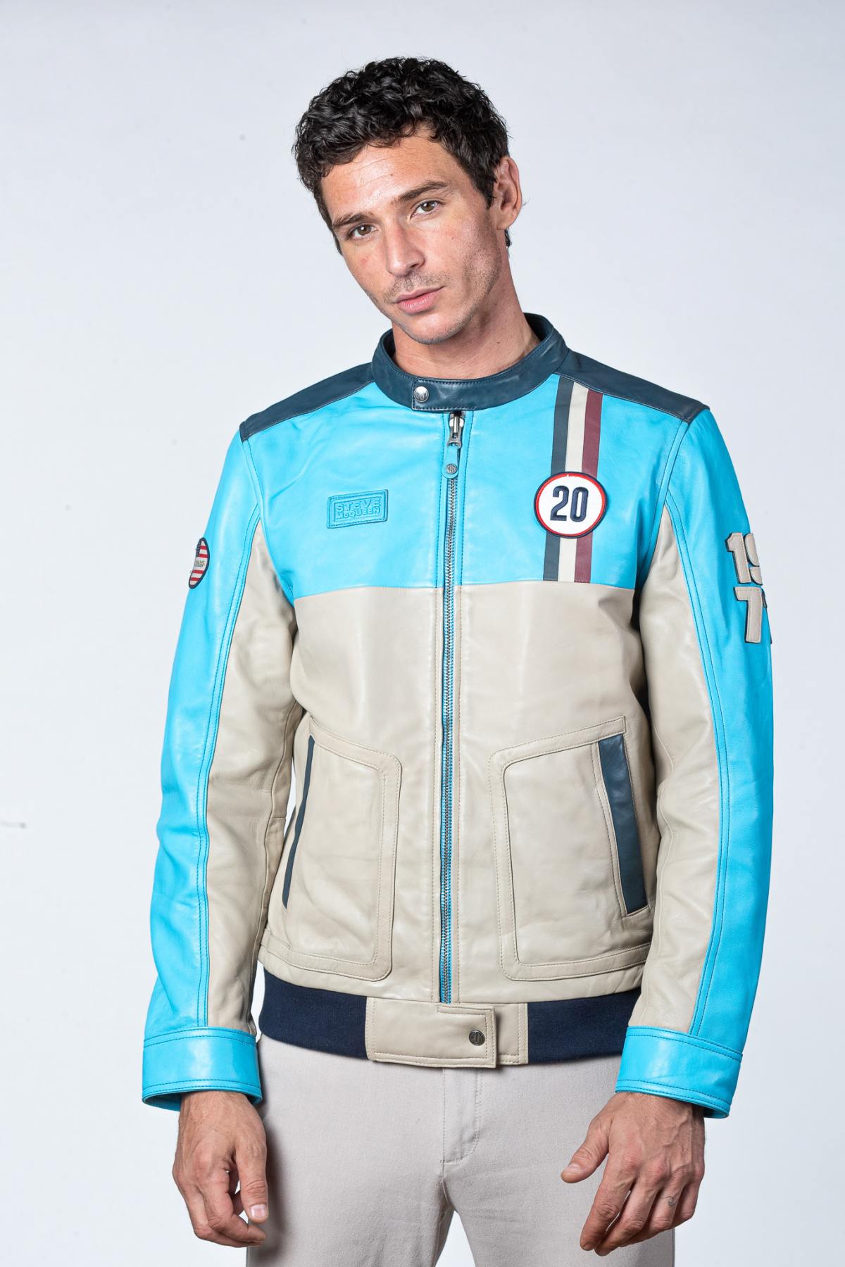 Steve McQueen blue and ecru racing leather jacket - Image n°5