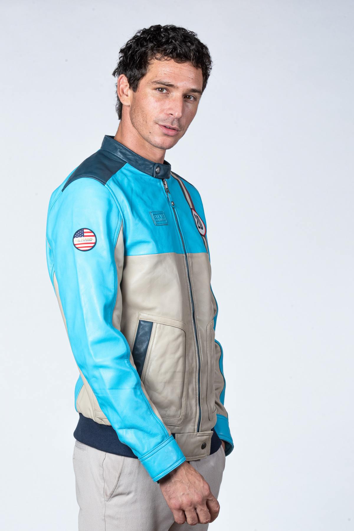 Steve McQueen blue and ecru racing leather jacket - Image n°6